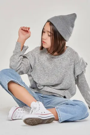 Good Girls Ruffle Slit Cuffs Knit Sweater