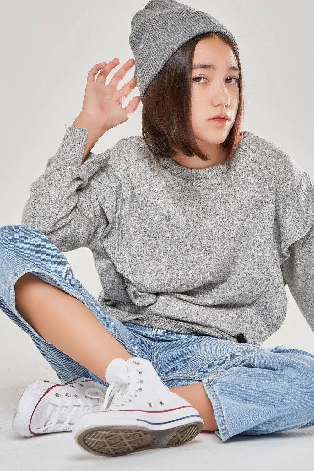 Good Girls Ruffle Slit Cuffs Knit Sweater