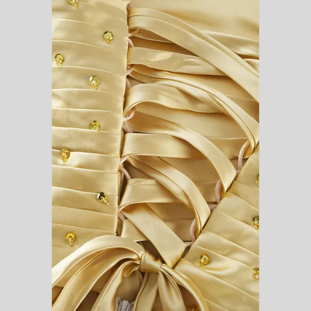 Gown with Cascading Layers and Lace Back - Gold