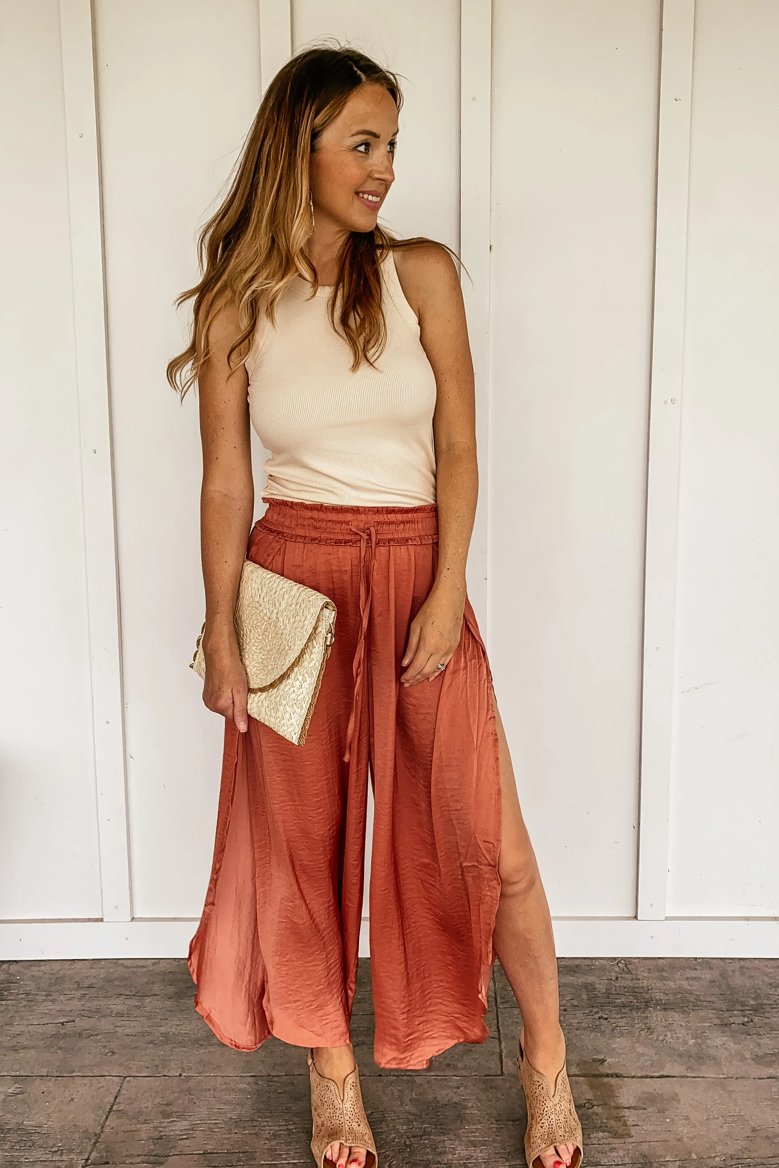 Hammered Satin Wide Leg Side Slit Pants in Desert Rose