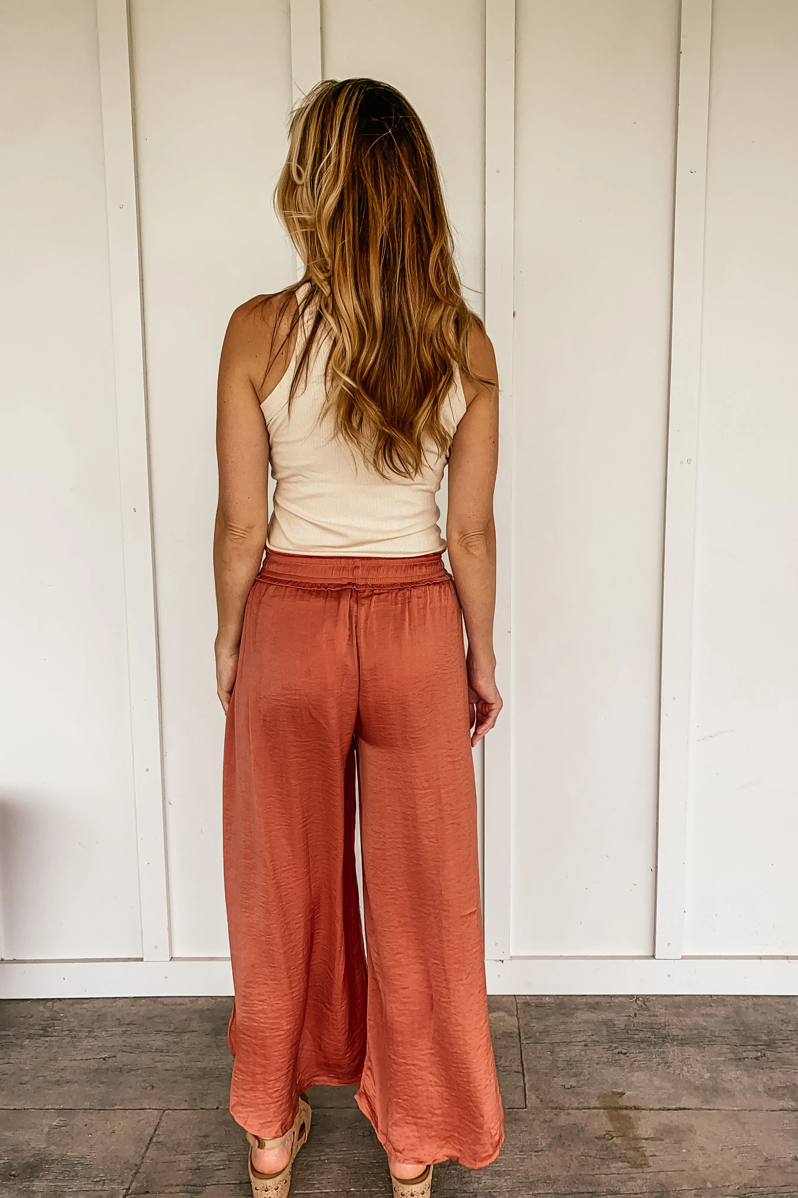 Hammered Satin Wide Leg Side Slit Pants in Desert Rose