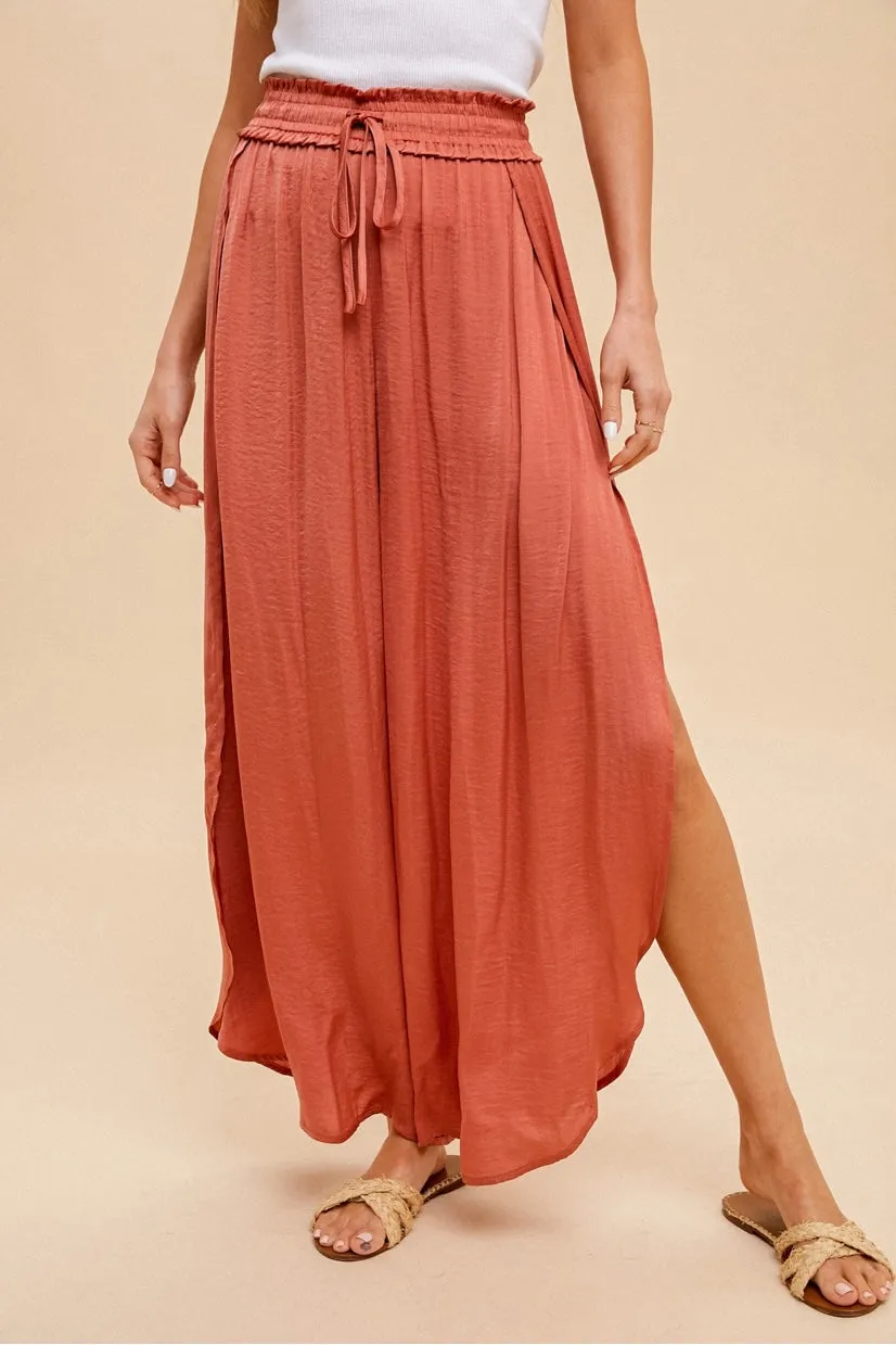 Hammered Satin Wide Leg Side Slit Pants in Desert Rose