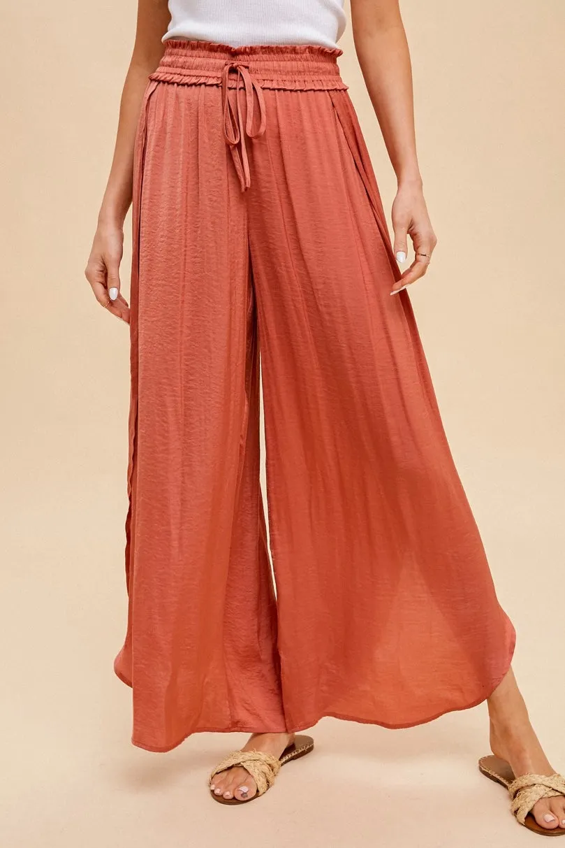 Hammered Satin Wide Leg Side Slit Pants in Desert Rose