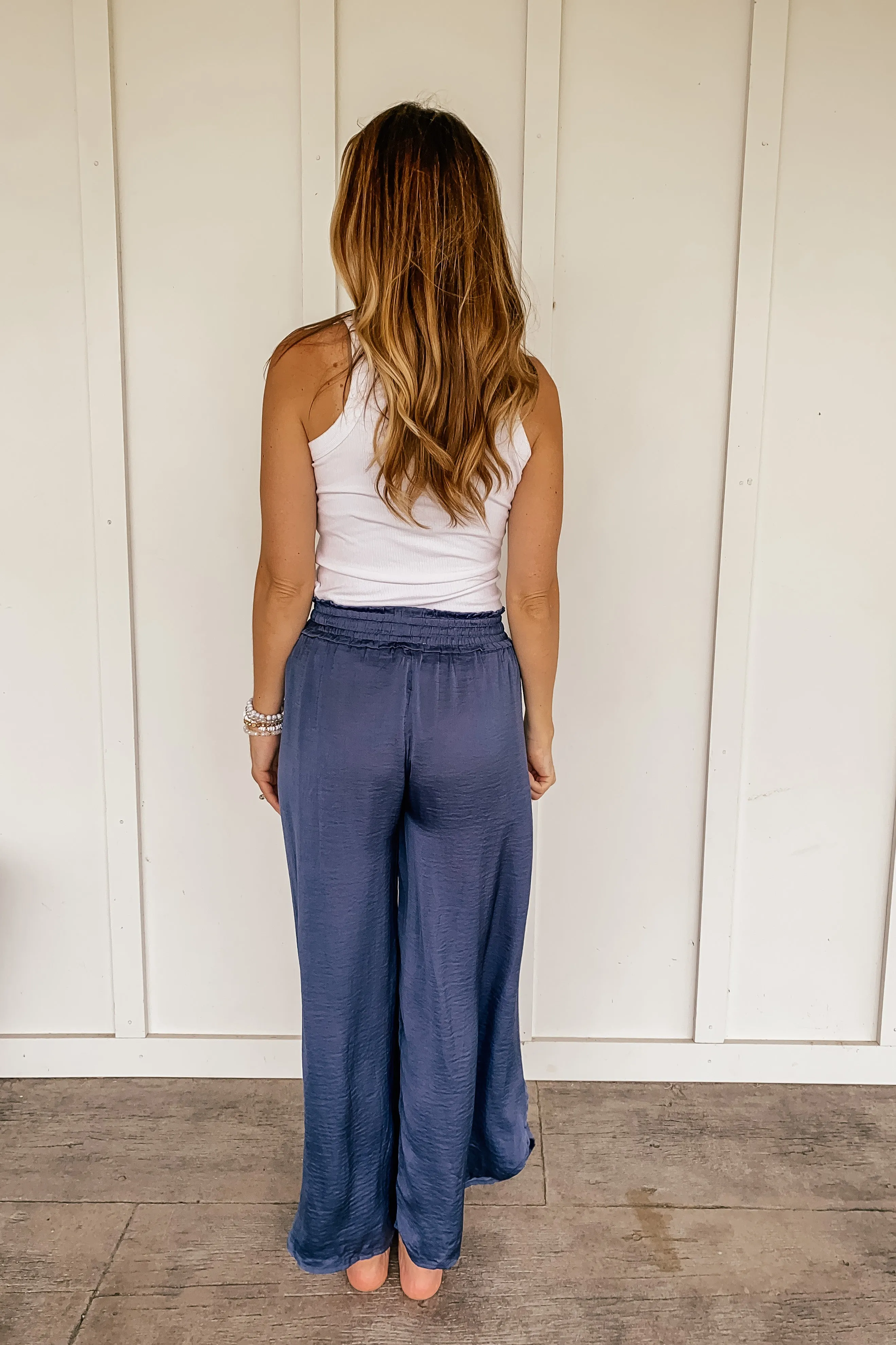 Hammered Satin Wide Leg Side Slit Pants in Dusty Blue