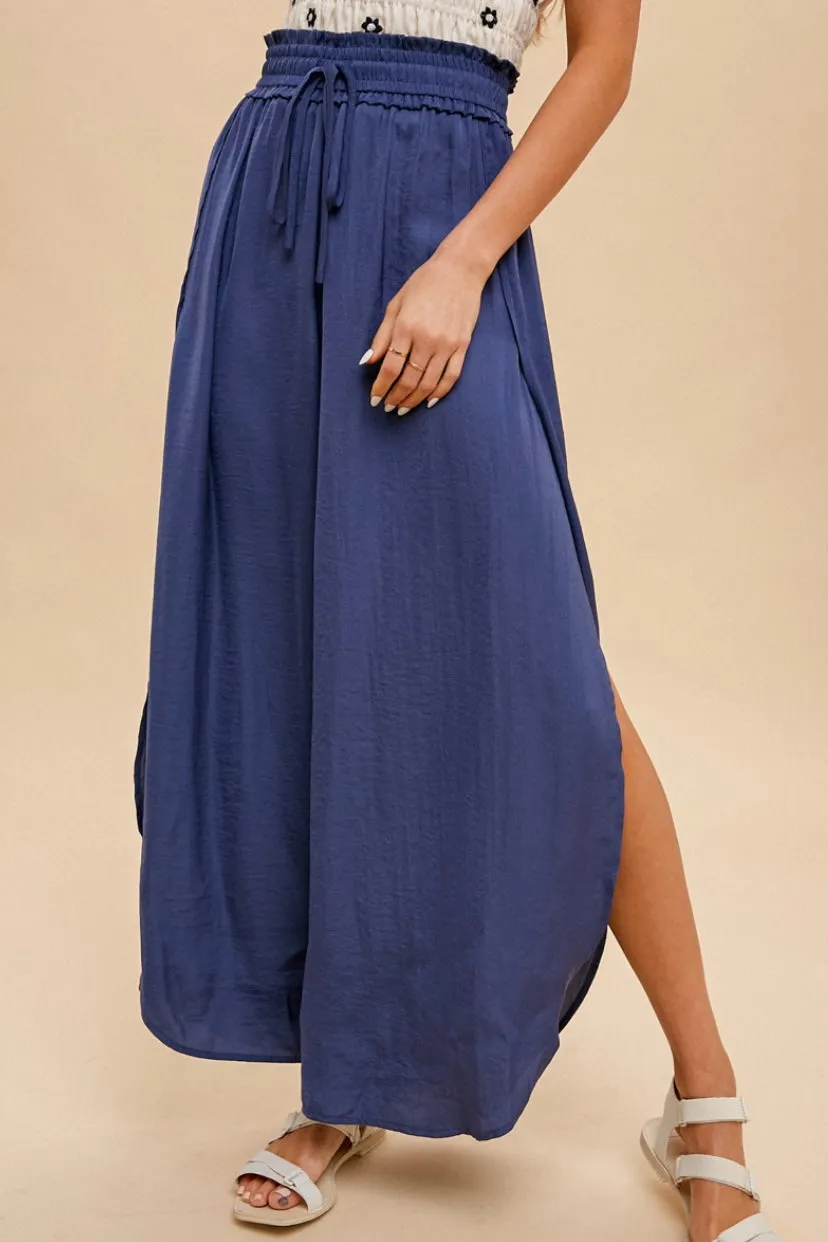 Hammered Satin Wide Leg Side Slit Pants in Dusty Blue