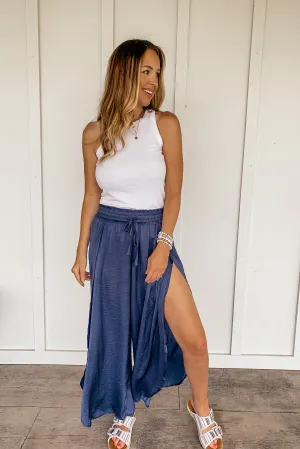 Hammered Satin Wide Leg Side Slit Pants in Dusty Blue