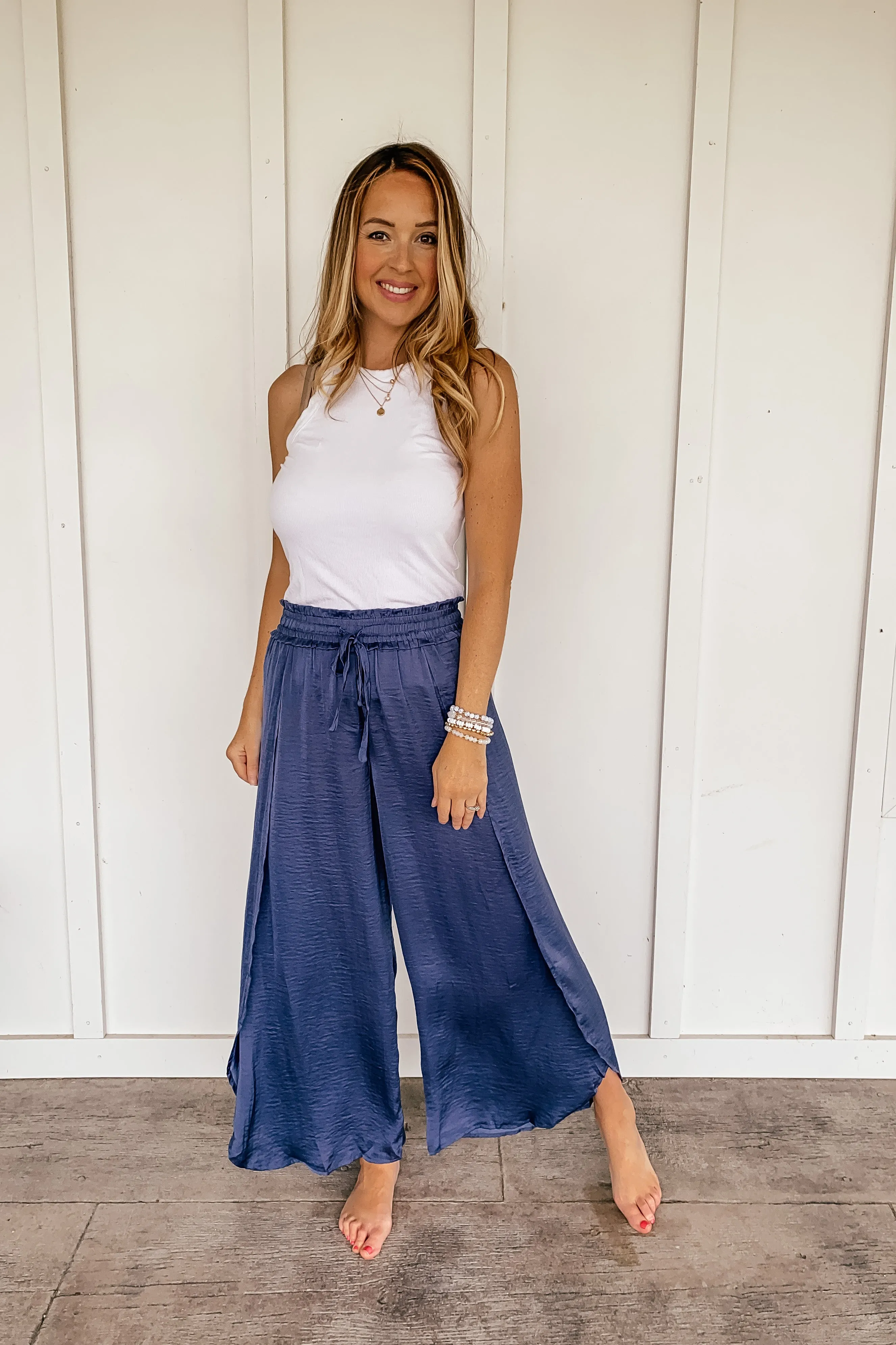 Hammered Satin Wide Leg Side Slit Pants in Dusty Blue