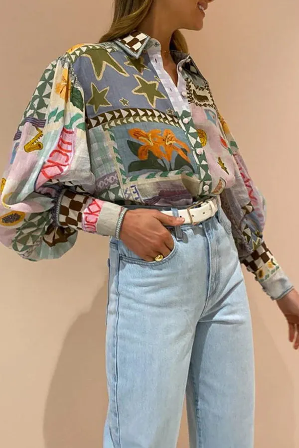 Imogen™ - Nostalgic Print Balloon Sleeve Shirt