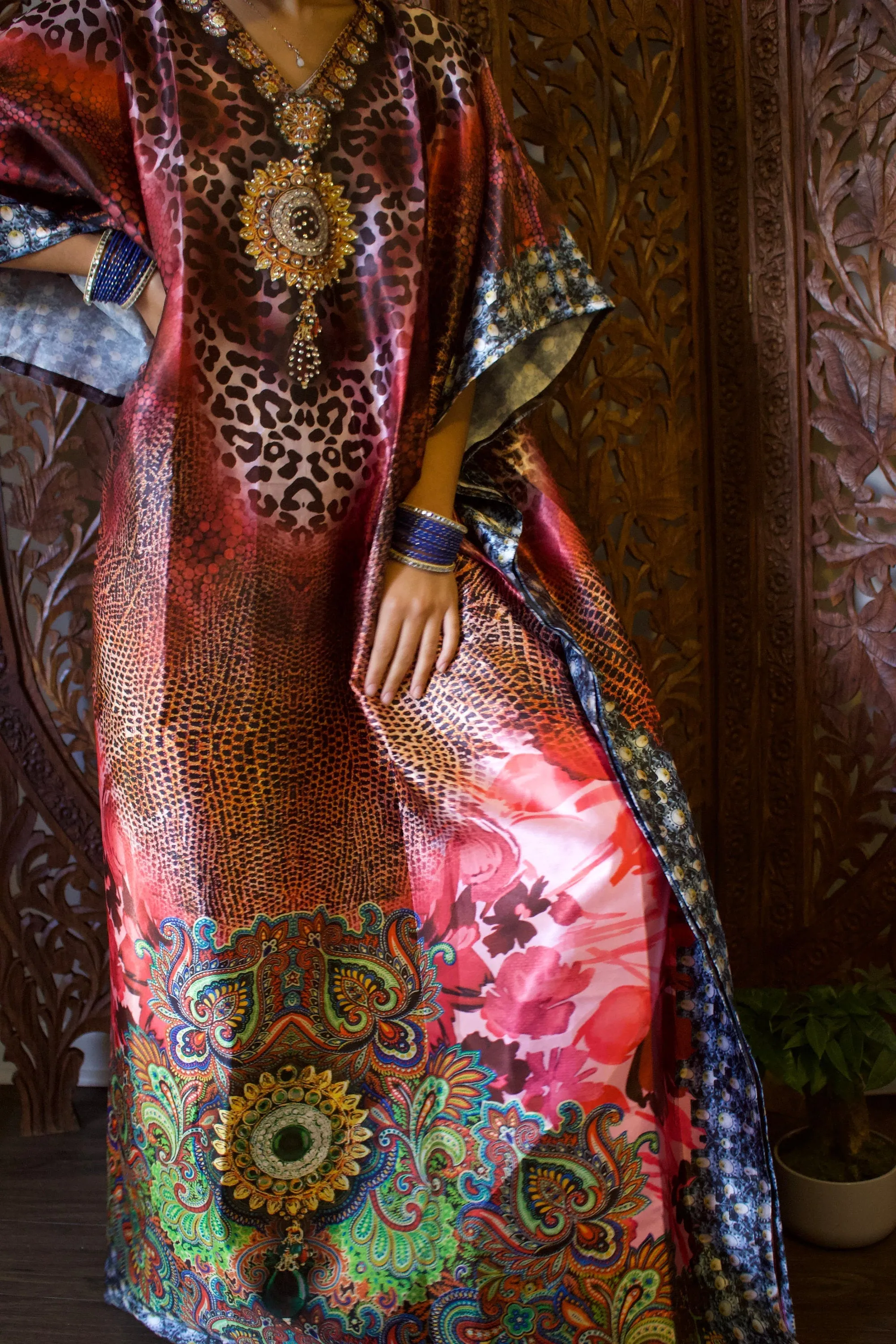 Kaftan Maxi Dress Red Pink Bohemian Kaftan, Printed 5X