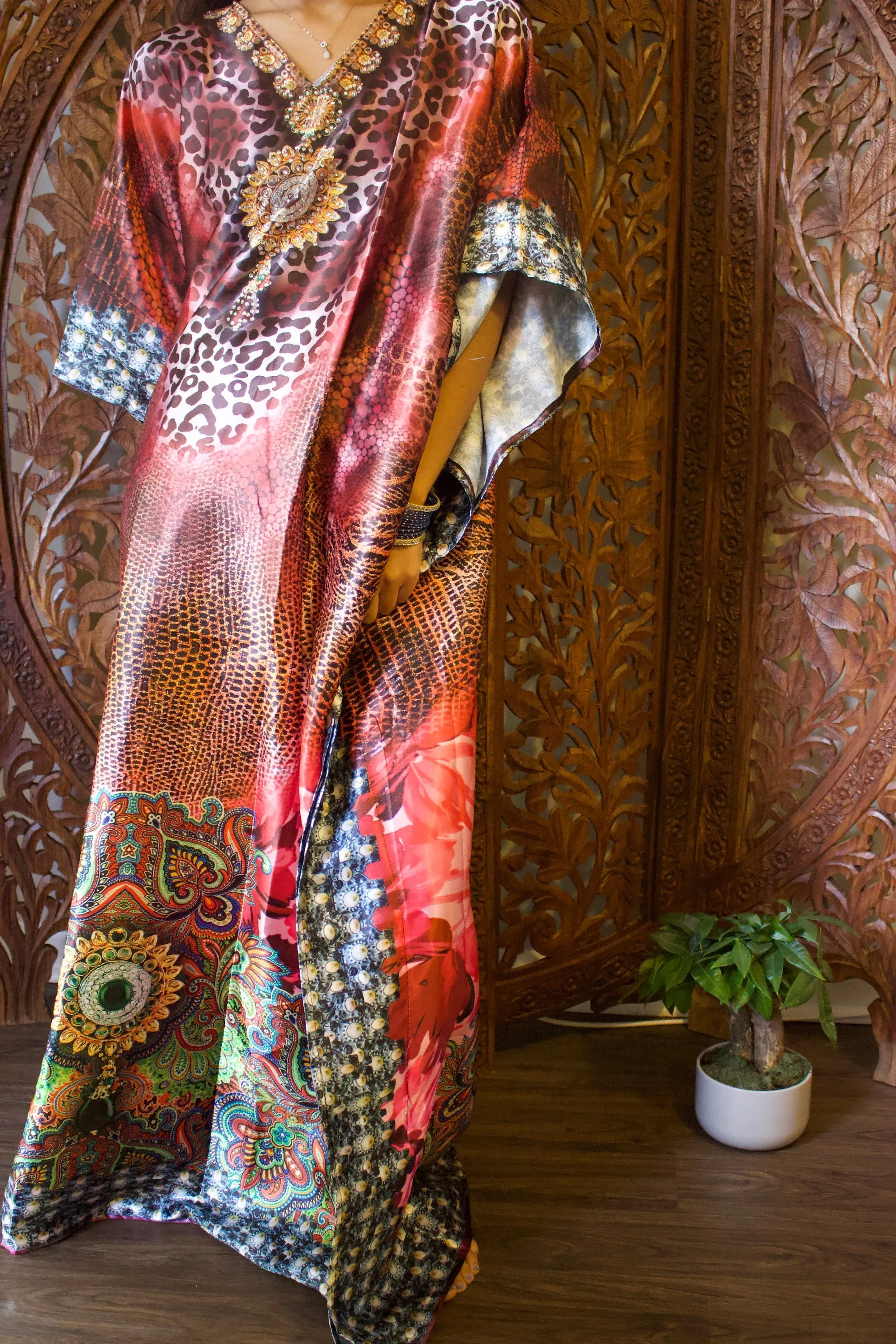 Kaftan Maxi Dress Red Pink Bohemian Kaftan, Printed 5X