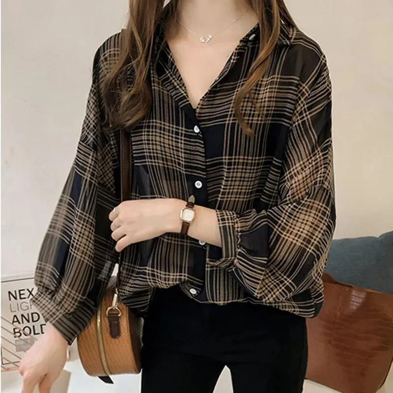 Long Sleeved Blouse Korean Loose Plus Size Lantern Chequered Tops Chiffon Blouse