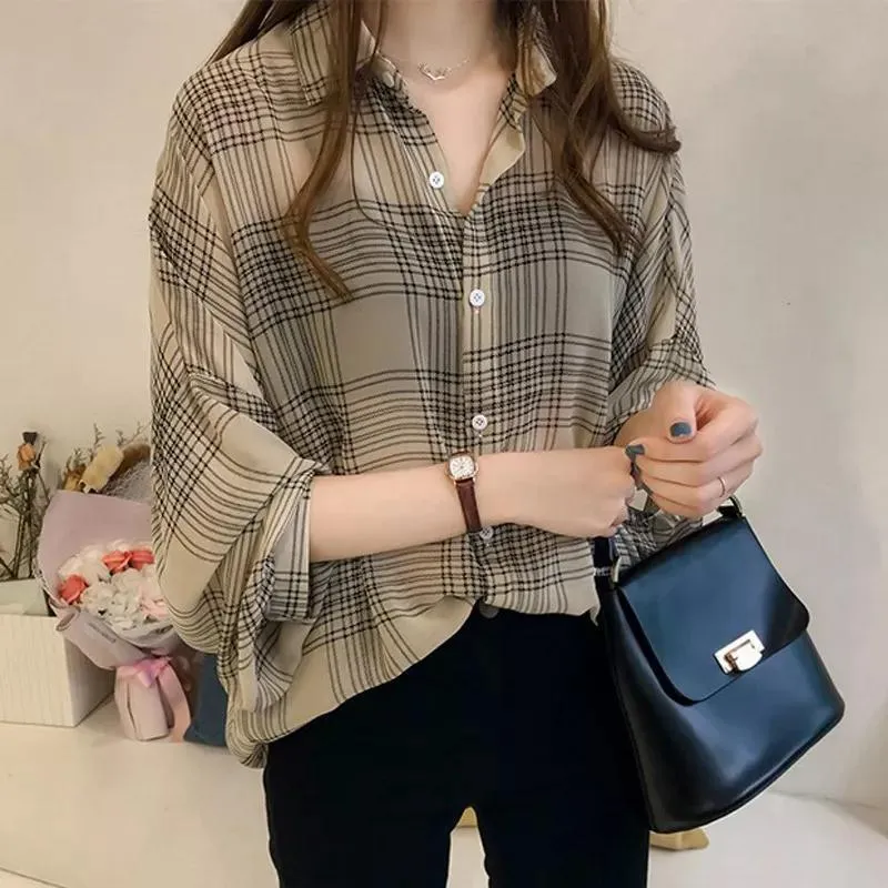 Long Sleeved Blouse Korean Loose Plus Size Lantern Chequered Tops Chiffon Blouse