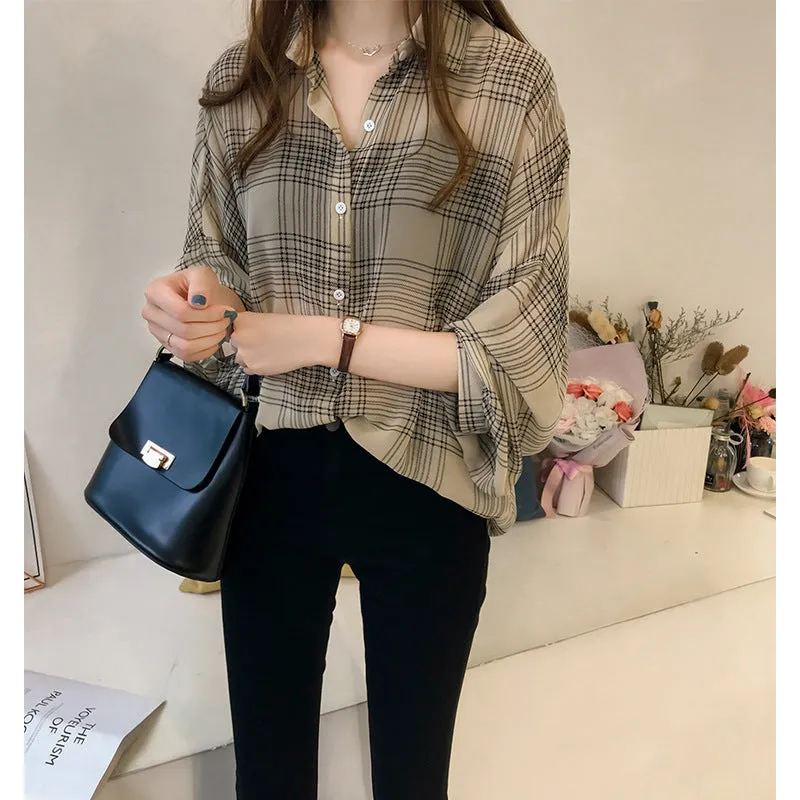 Long Sleeved Blouse Korean Loose Plus Size Lantern Chequered Tops Chiffon Blouse