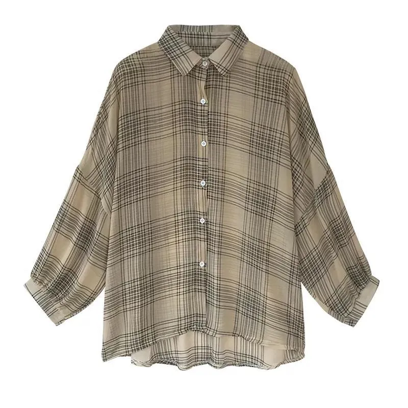Long Sleeved Blouse Korean Loose Plus Size Lantern Chequered Tops Chiffon Blouse