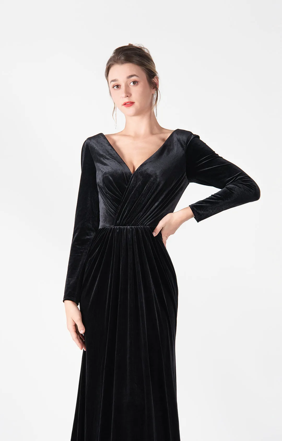 Long Sleeves Pleated Bodice Flowing Wrap Hip Dresses