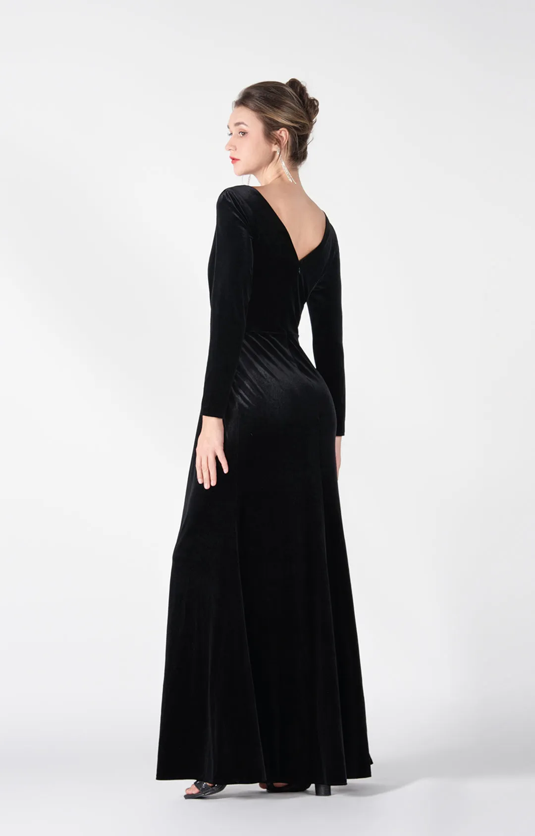 Long Sleeves Pleated Bodice Flowing Wrap Hip Dresses