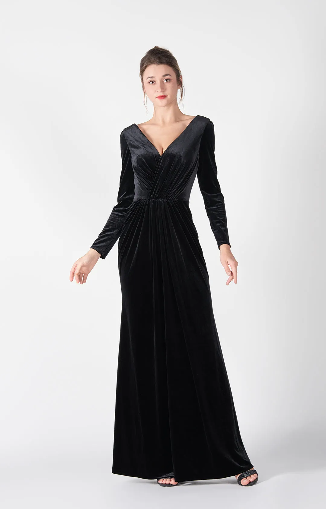 Long Sleeves Pleated Bodice Flowing Wrap Hip Dresses