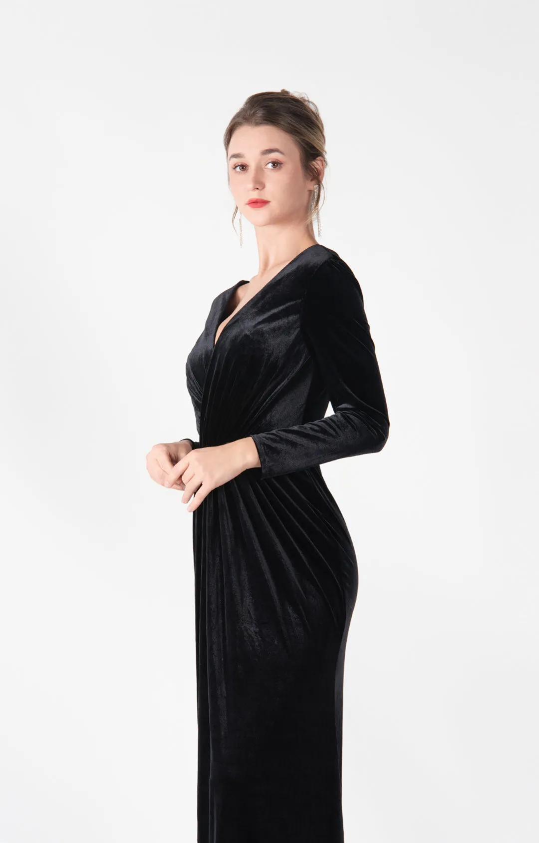Long Sleeves Pleated Bodice Flowing Wrap Hip Dresses