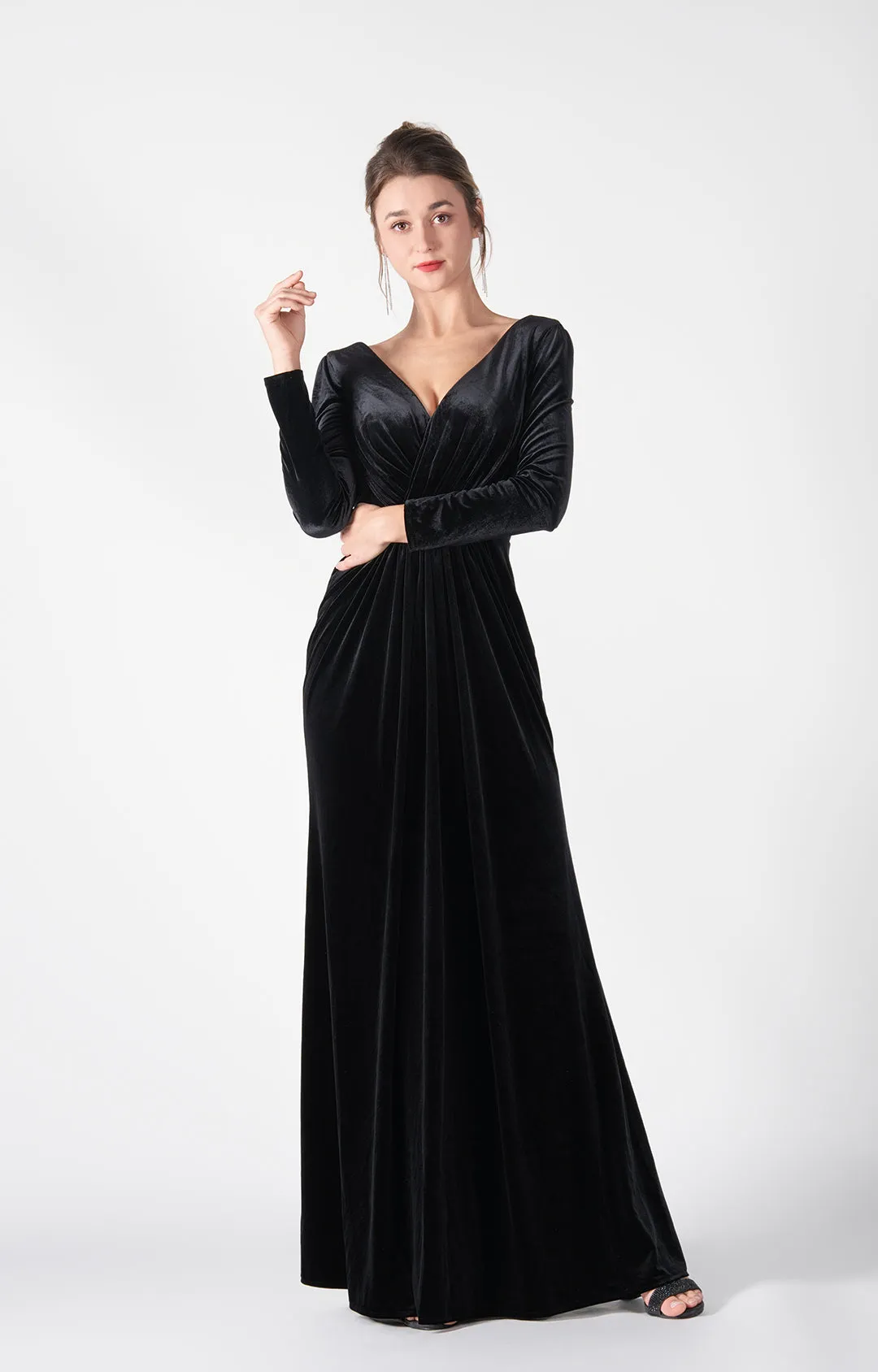 Long Sleeves Pleated Bodice Flowing Wrap Hip Dresses