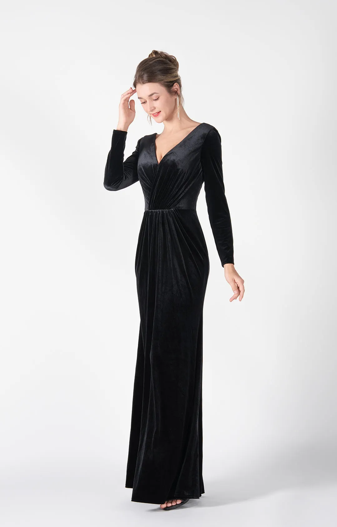 Long Sleeves Pleated Bodice Flowing Wrap Hip Dresses