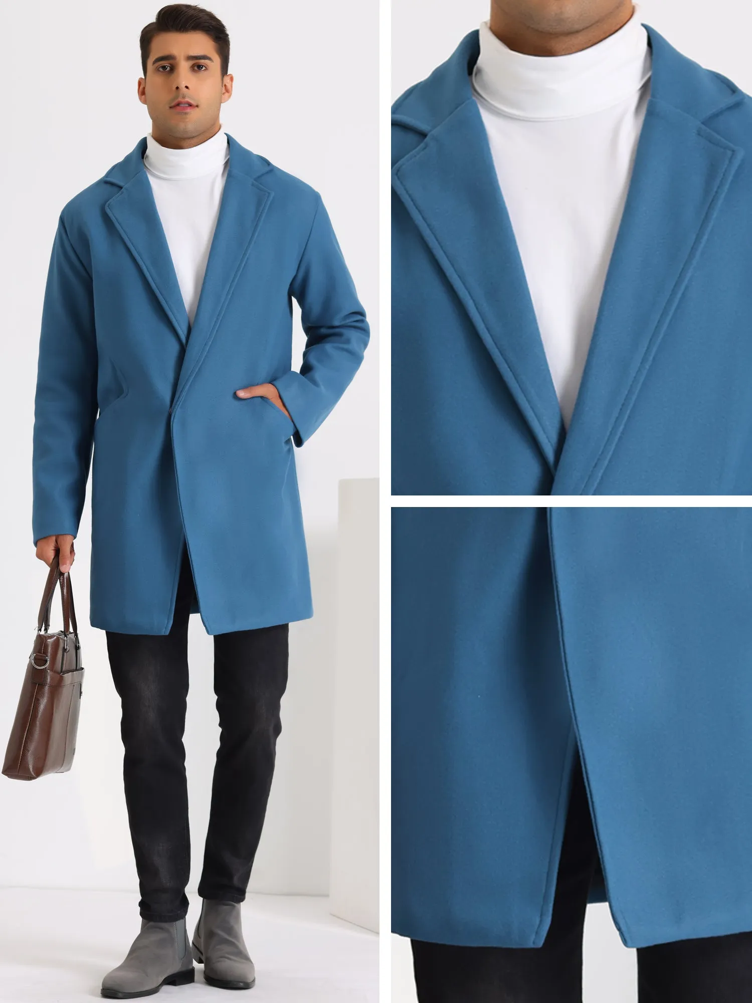 Men's Winter Solid Color Notched Collar Single Breasted Long Coats