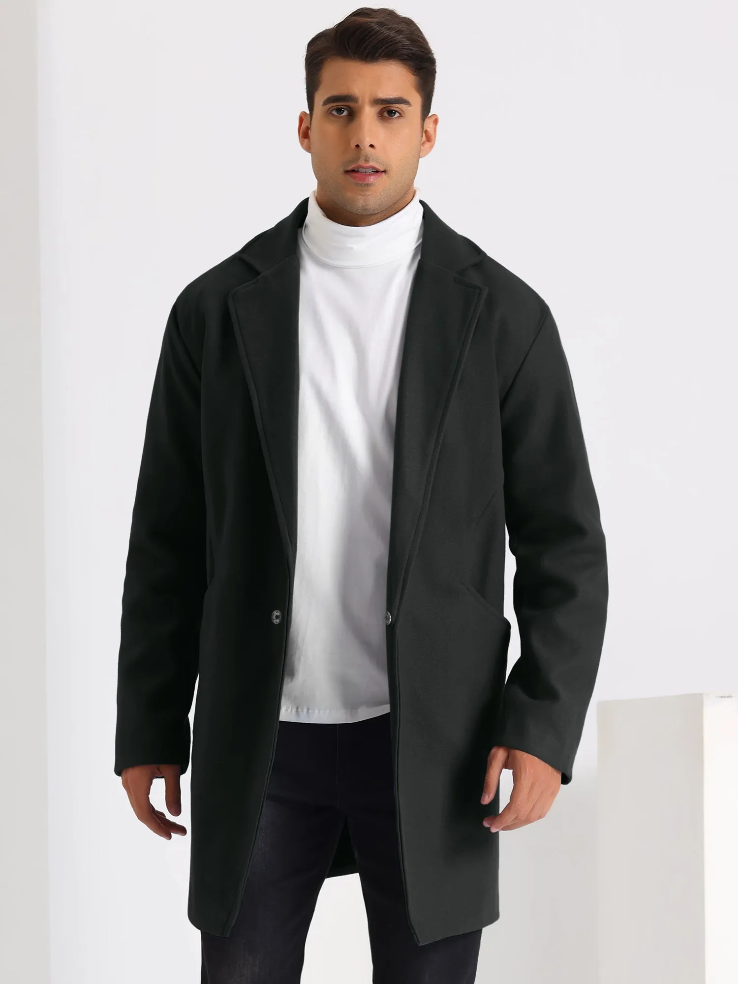 Men's Winter Solid Color Notched Collar Single Breasted Long Coats