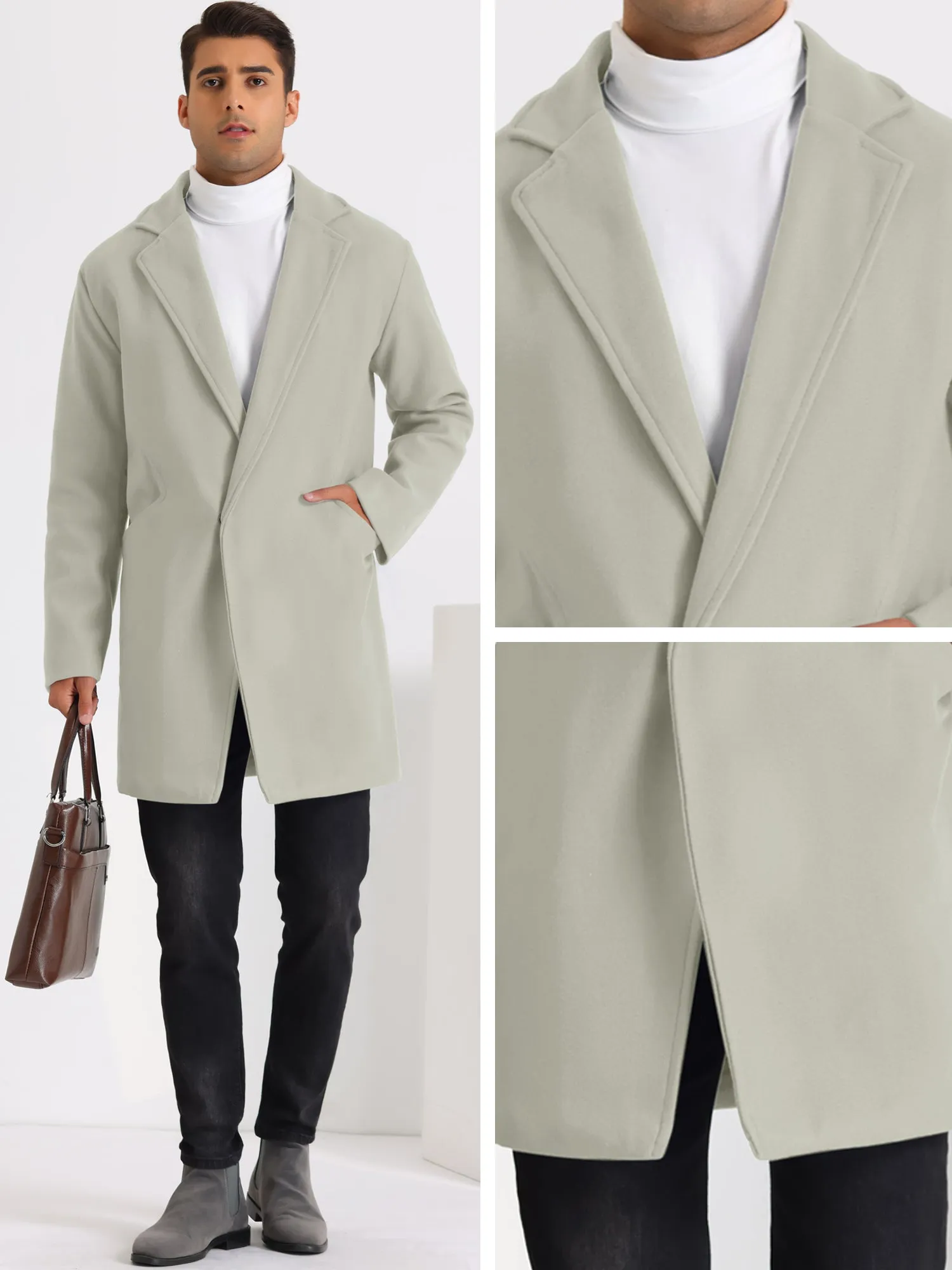 Men's Winter Solid Color Notched Collar Single Breasted Long Coats