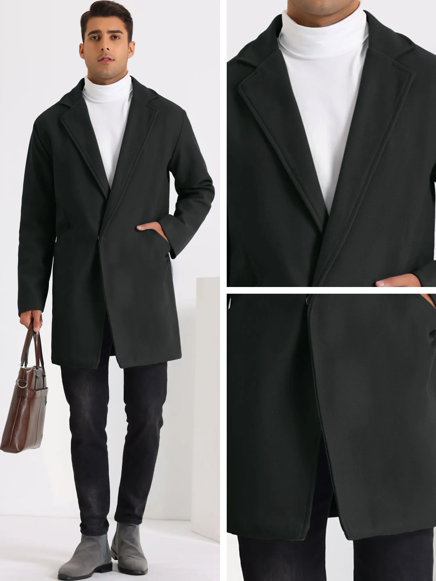 Men's Winter Solid Color Notched Collar Single Breasted Long Coats
