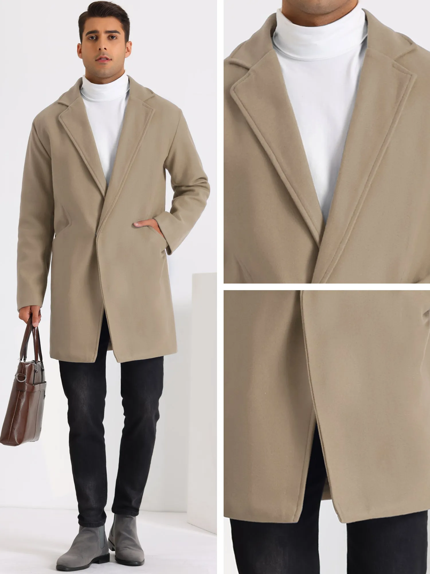 Men's Winter Solid Color Notched Collar Single Breasted Long Coats