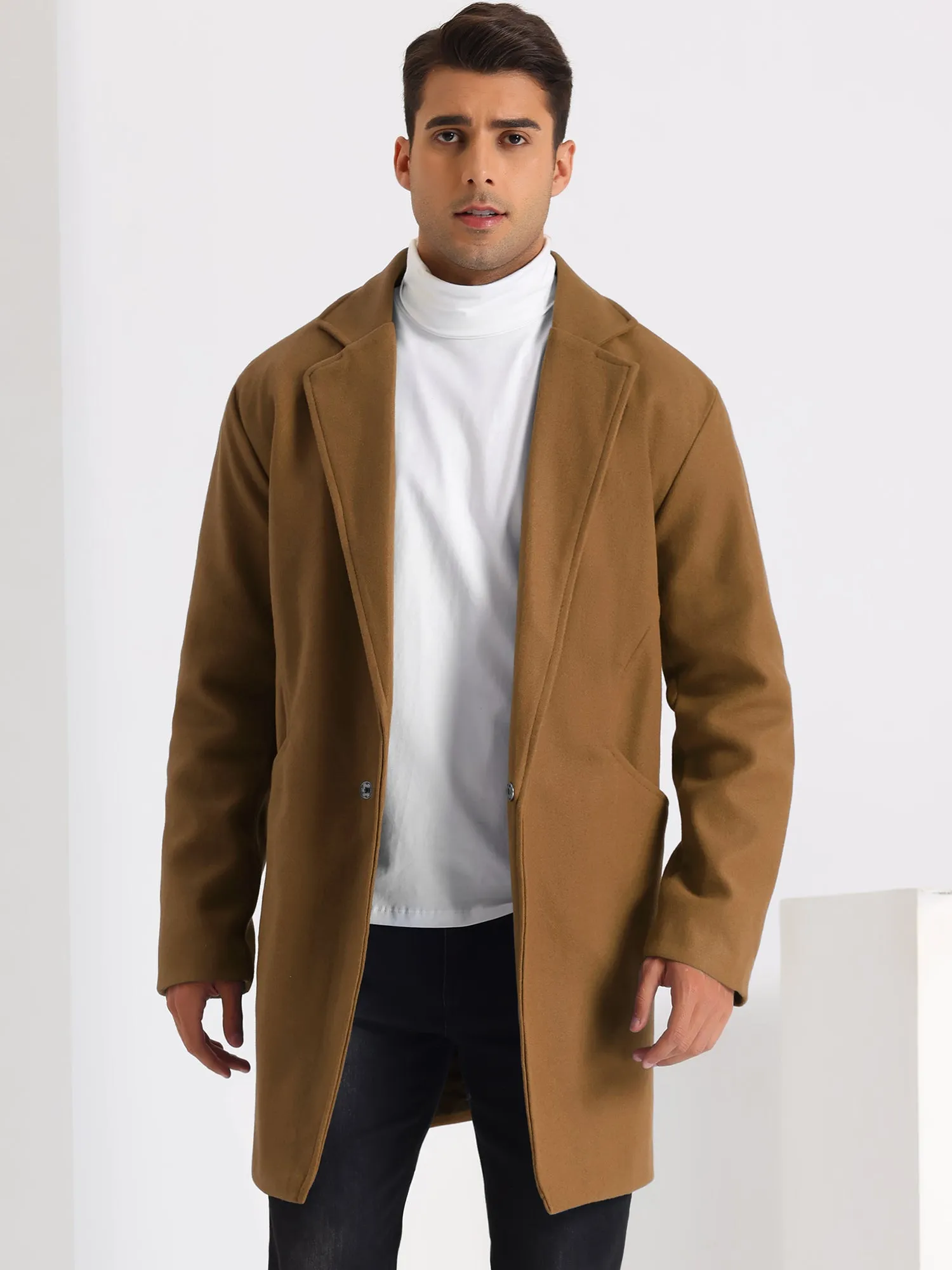 Men's Winter Solid Color Notched Collar Single Breasted Long Coats