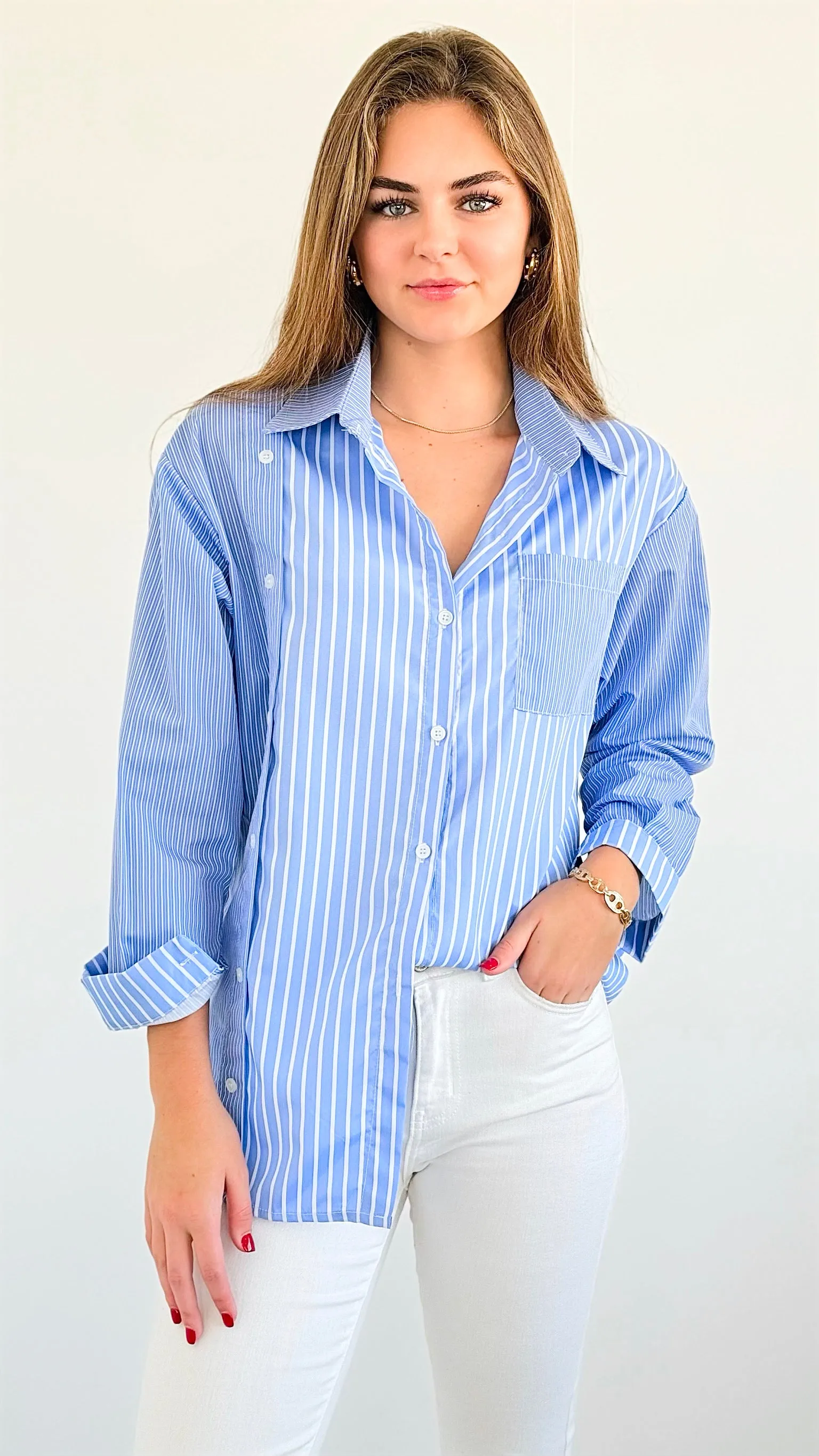 Multi Pinstripe Pocket Blouse