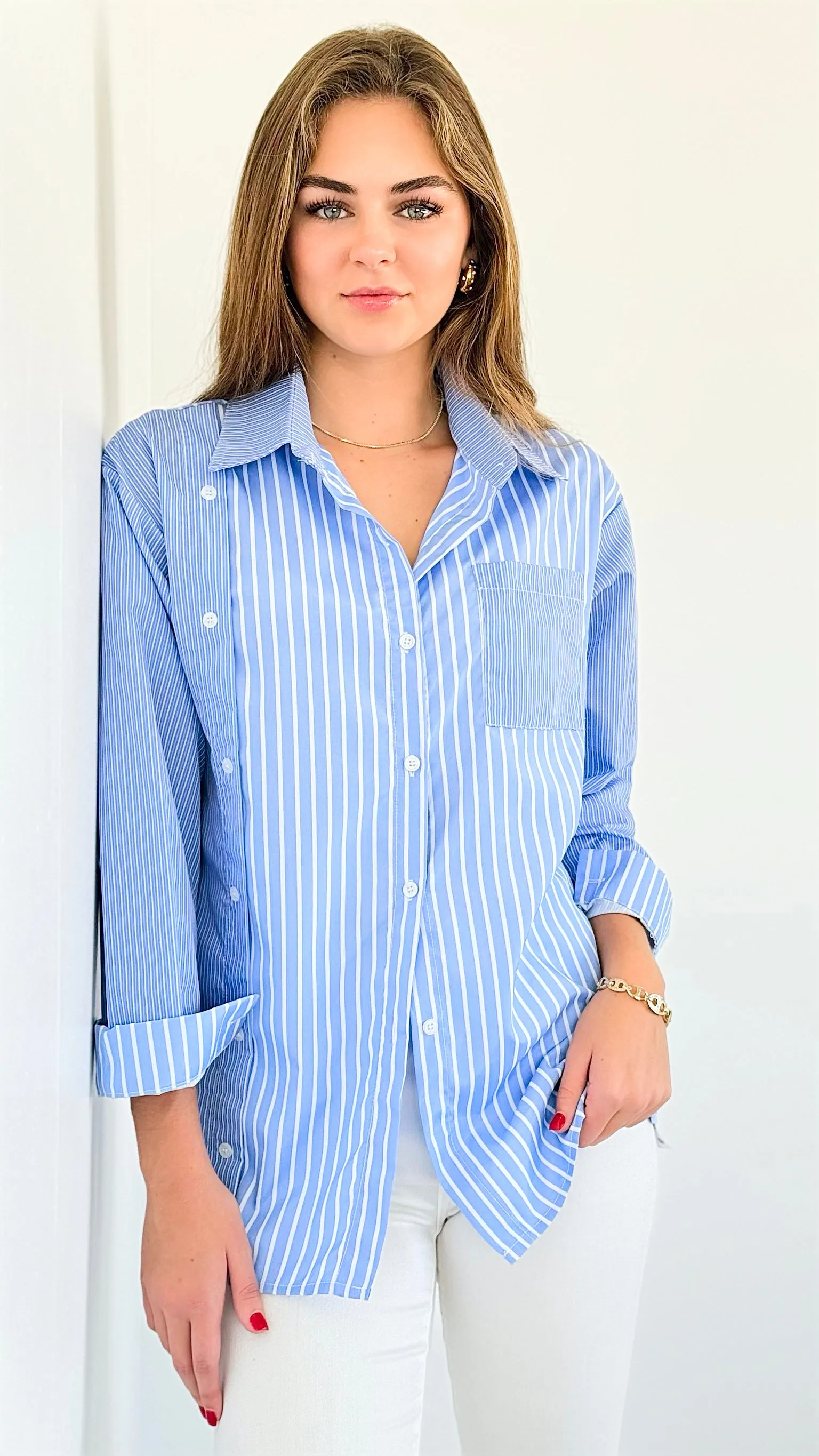 Multi Pinstripe Pocket Blouse