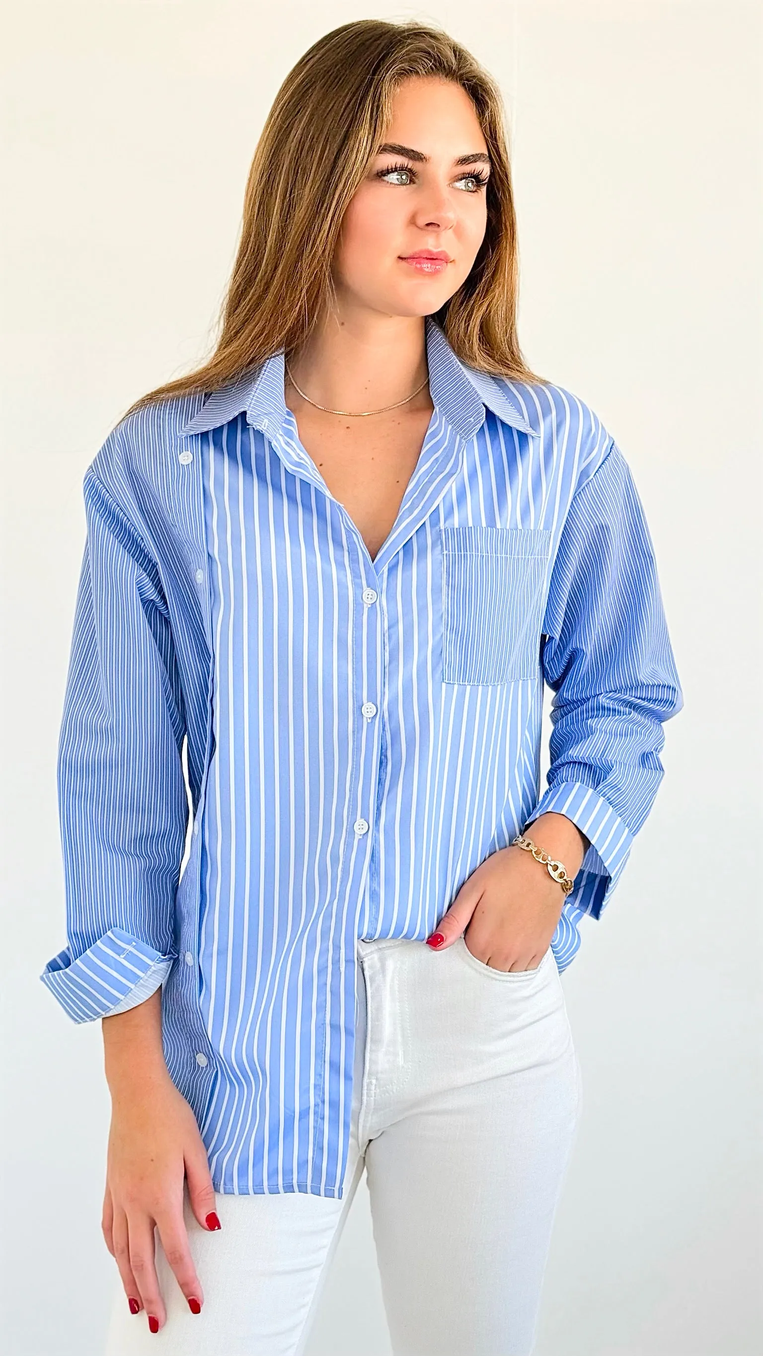 Multi Pinstripe Pocket Blouse