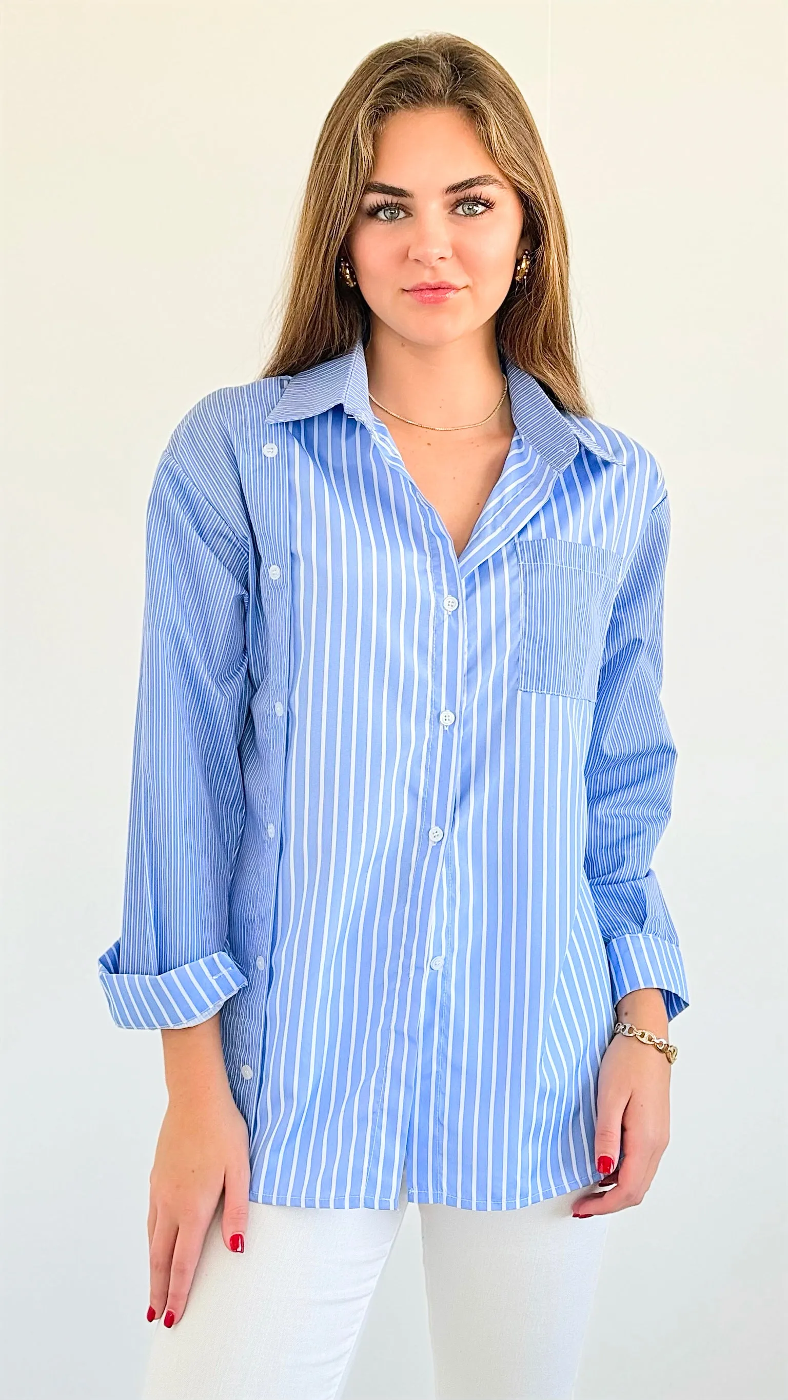 Multi Pinstripe Pocket Blouse