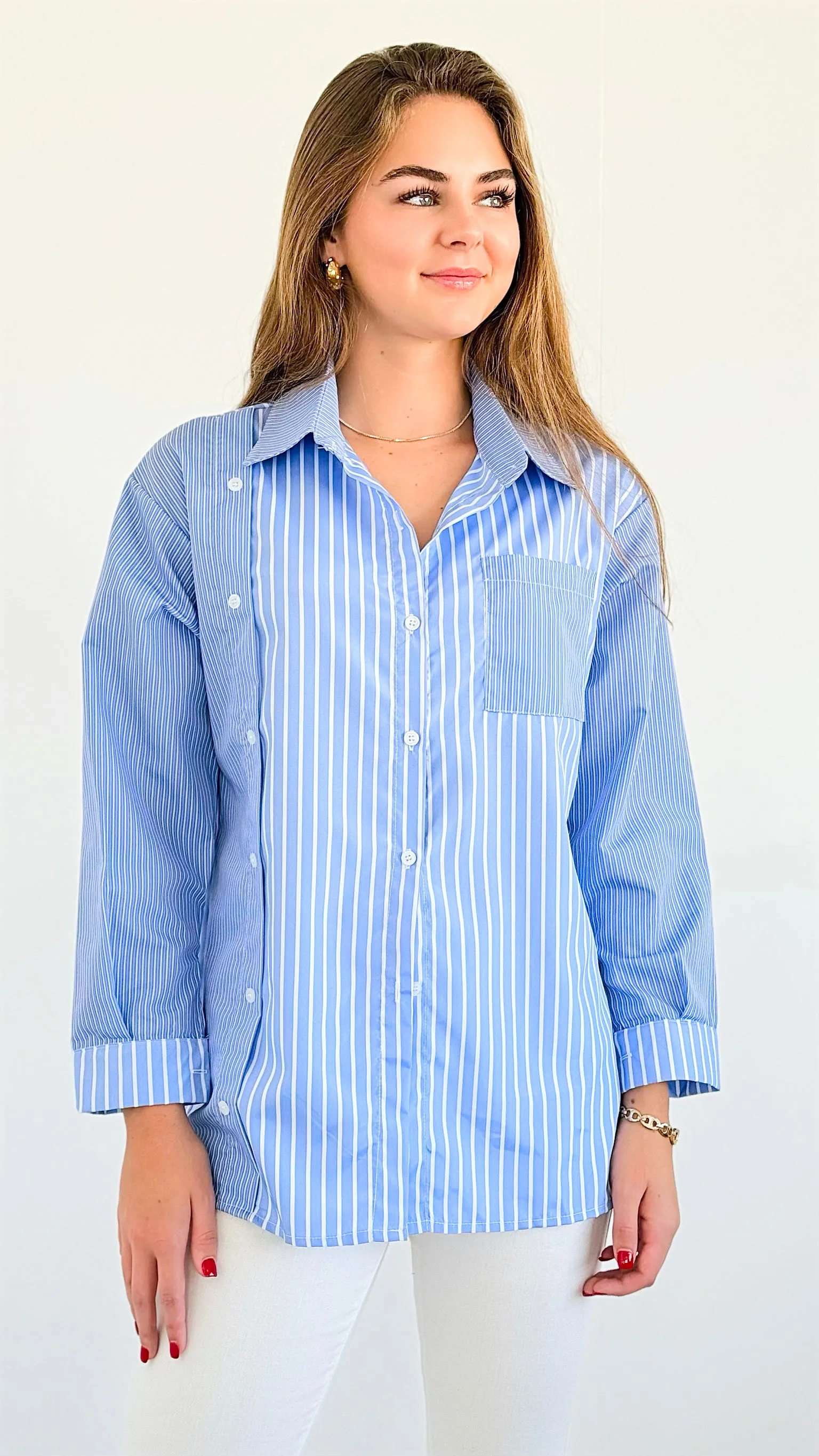 Multi Pinstripe Pocket Blouse