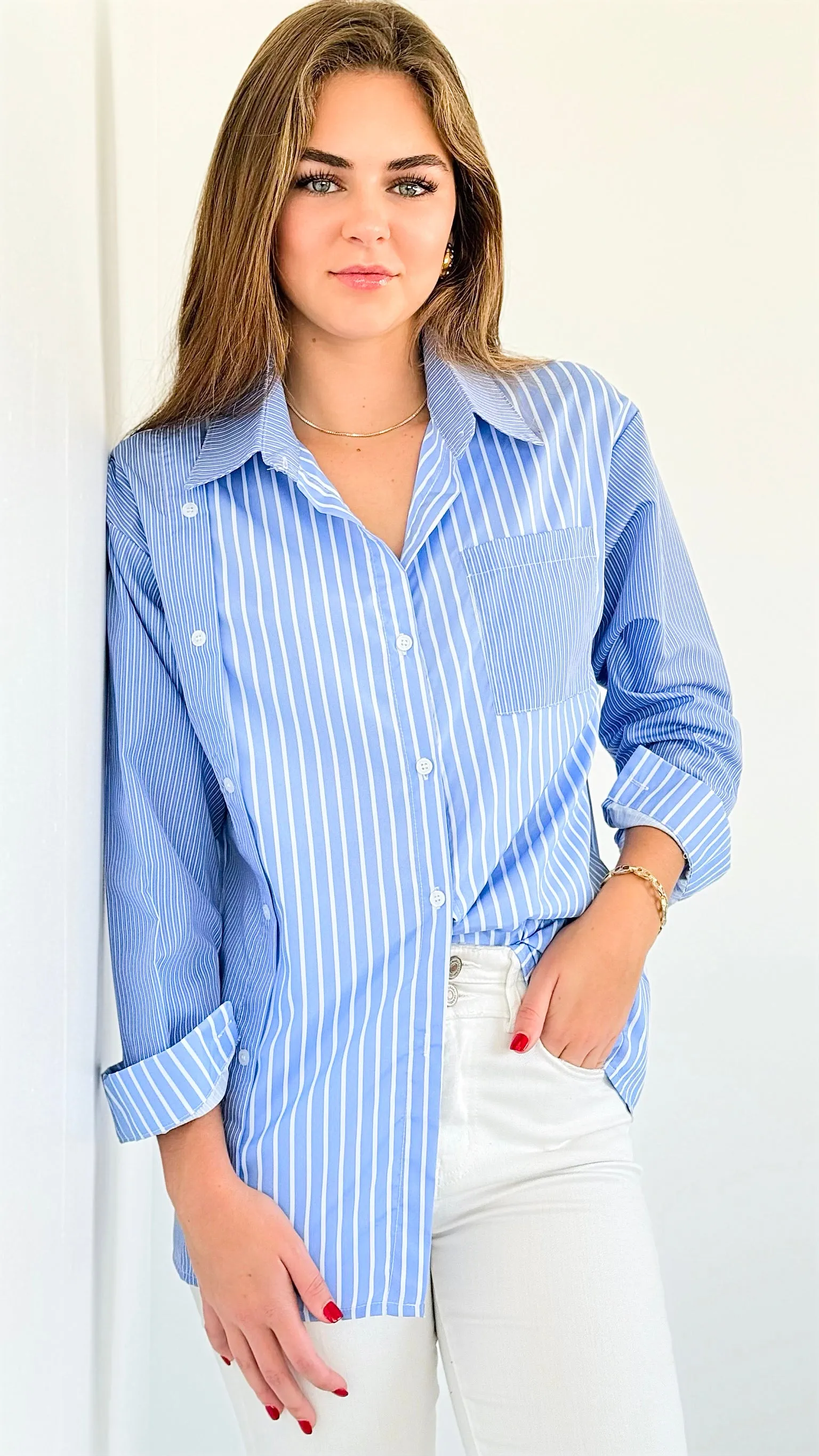 Multi Pinstripe Pocket Blouse