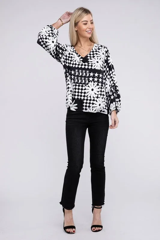 NUVI APPAREL Black/White Floral V Neck Lantern Sleeve Blouse