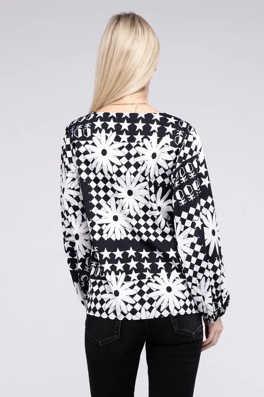 NUVI APPAREL Black/White Floral V Neck Lantern Sleeve Blouse
