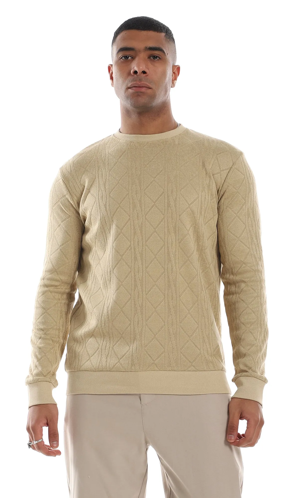 O160532 Round Neck Cozy Knitted Beige Pullover