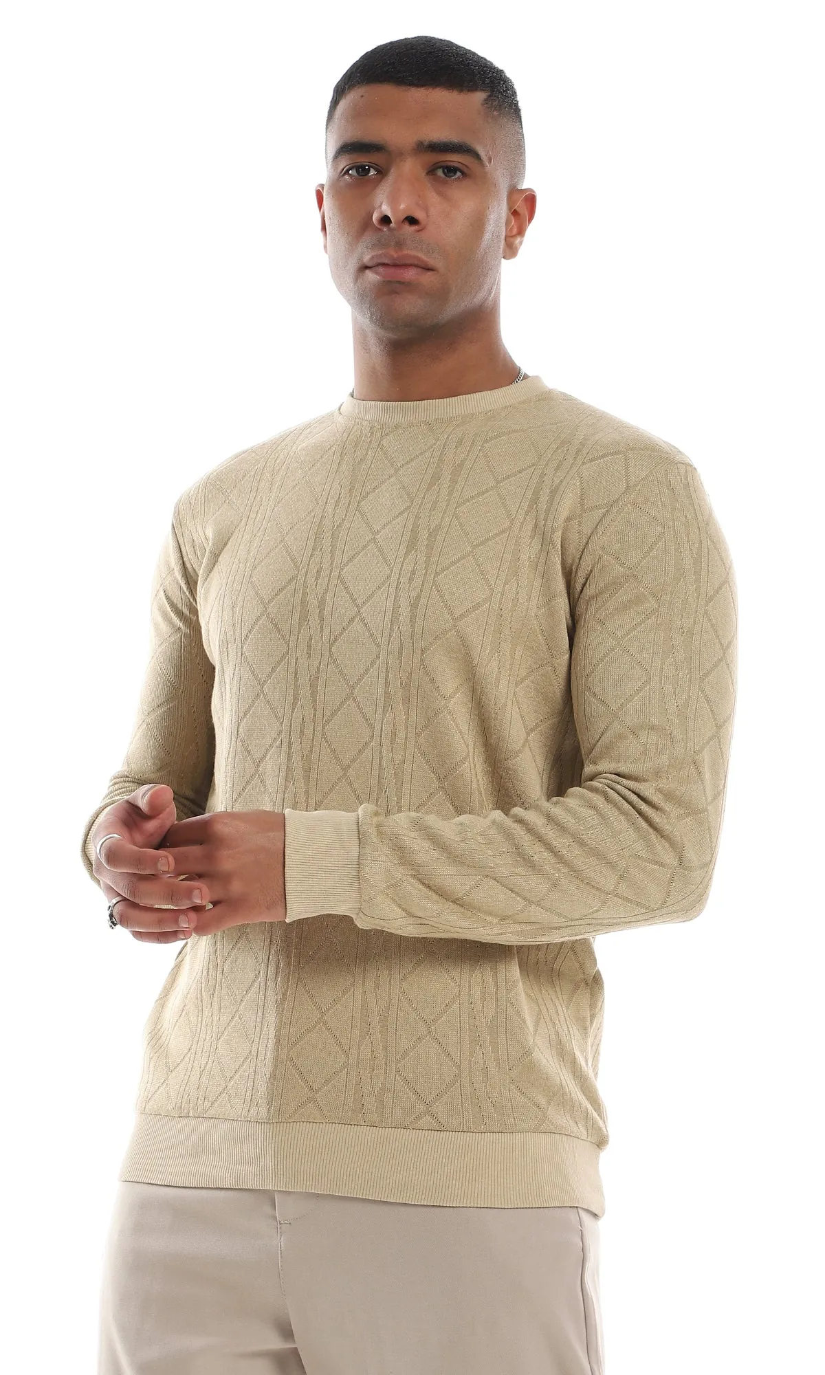 O160532 Round Neck Cozy Knitted Beige Pullover