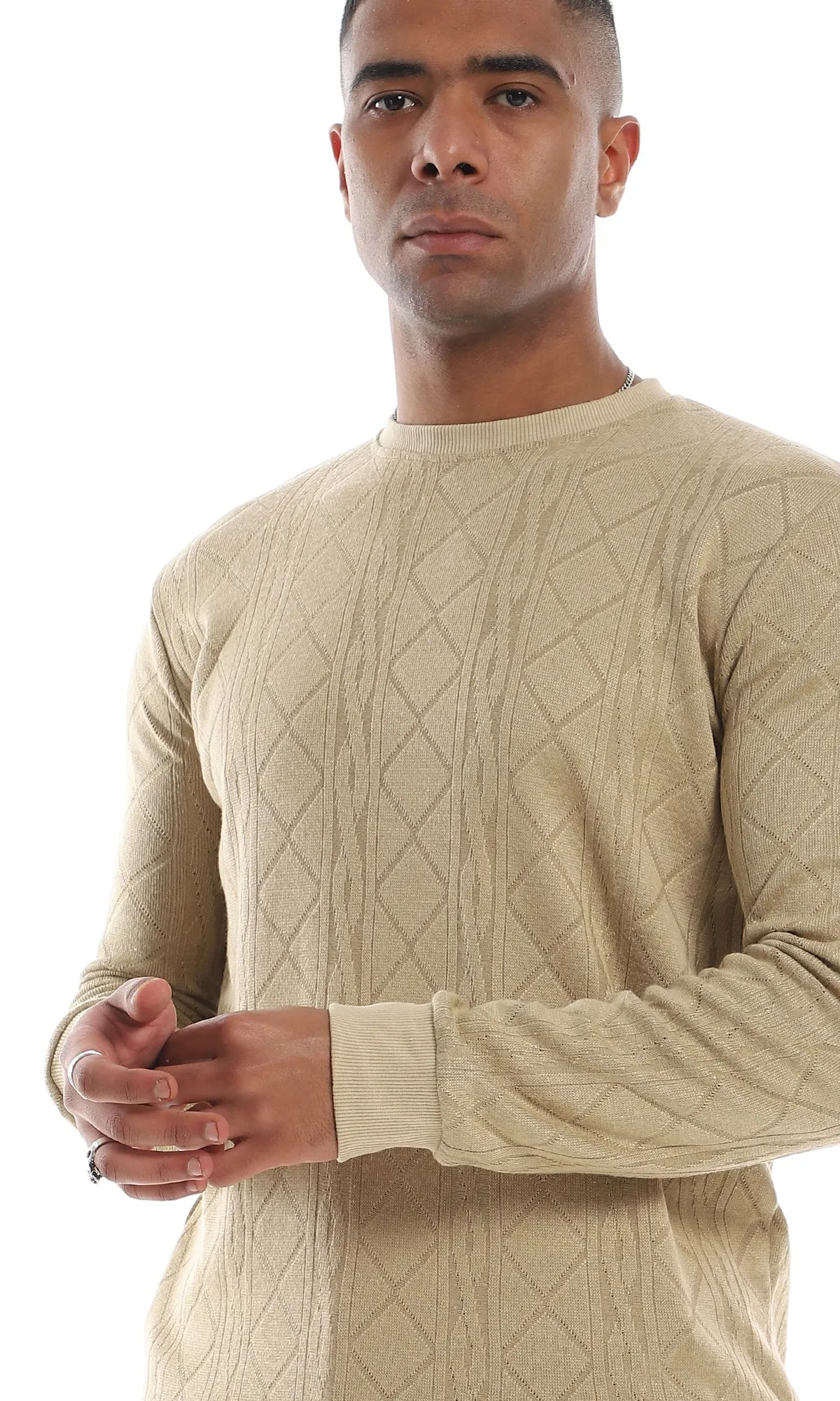 O160532 Round Neck Cozy Knitted Beige Pullover