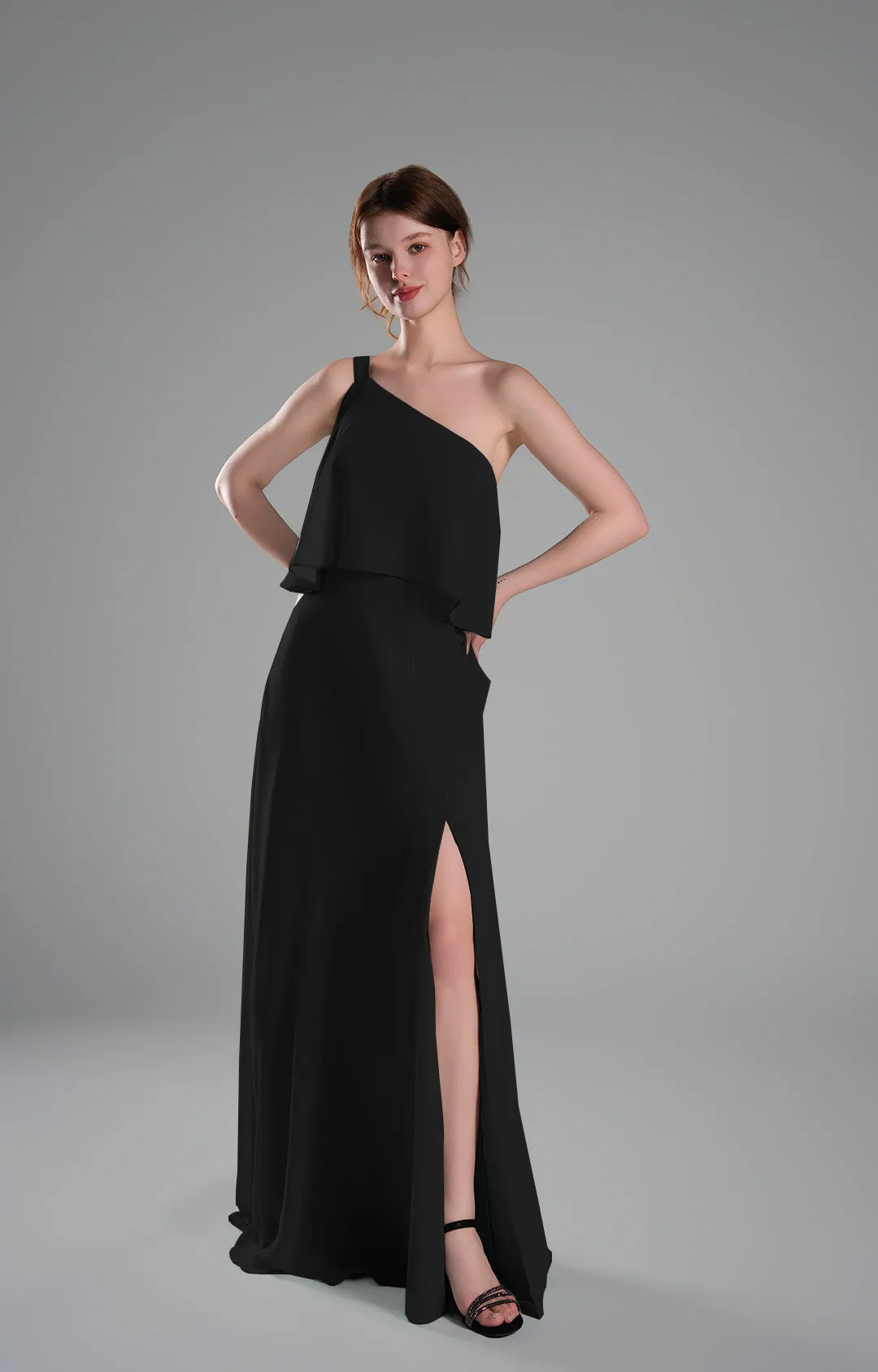 One-Shoulder Pleated Side Slit Flowing Dresses