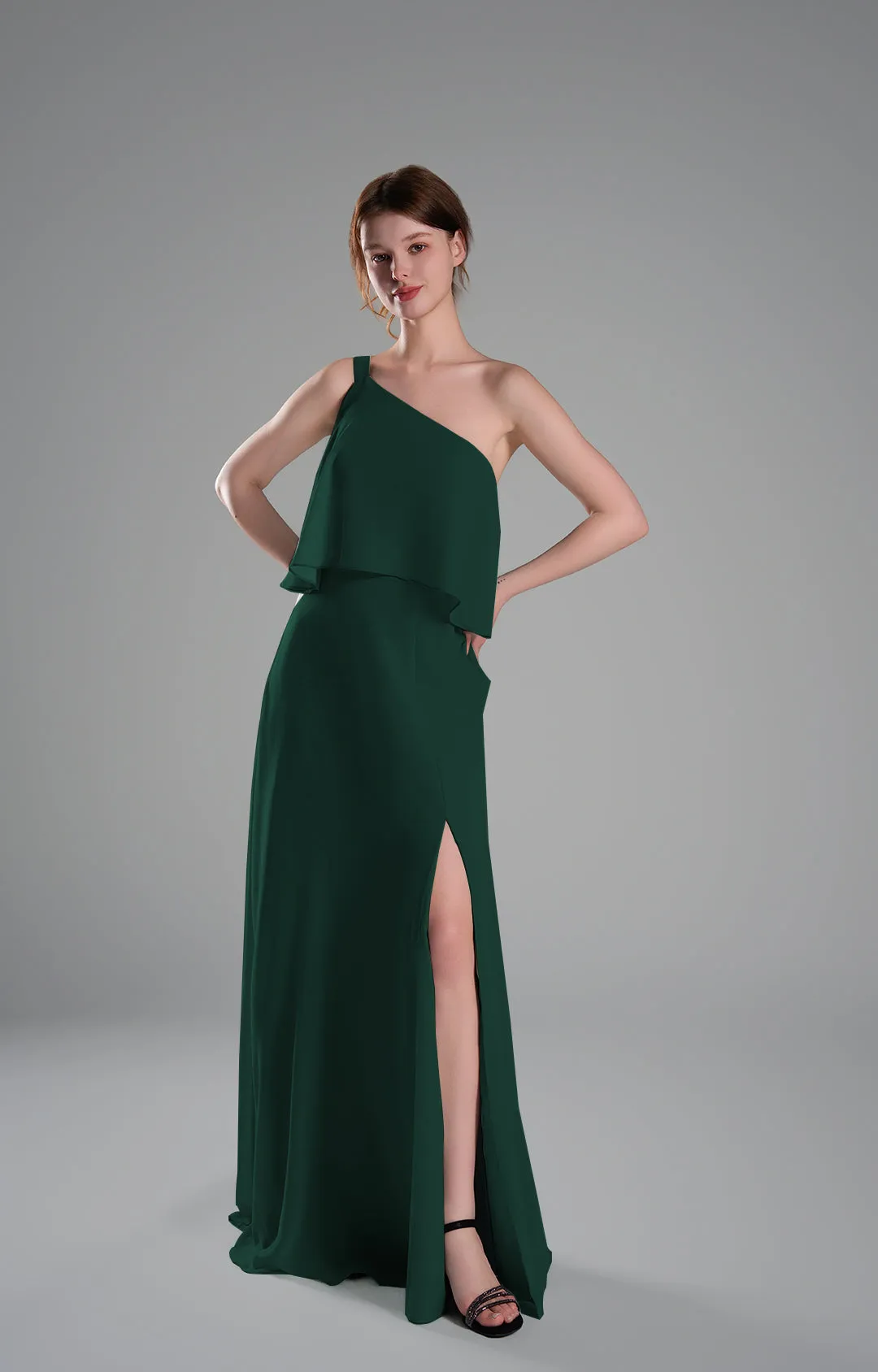 One-Shoulder Pleated Side Slit Flowing Dresses