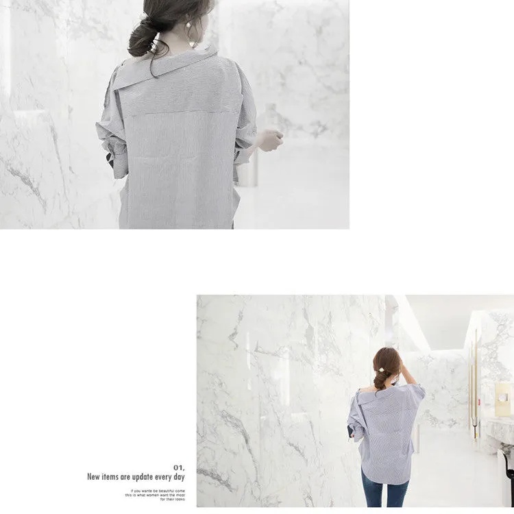 One Shoulder Striped Long Bat-wing Sleeves Blouse
