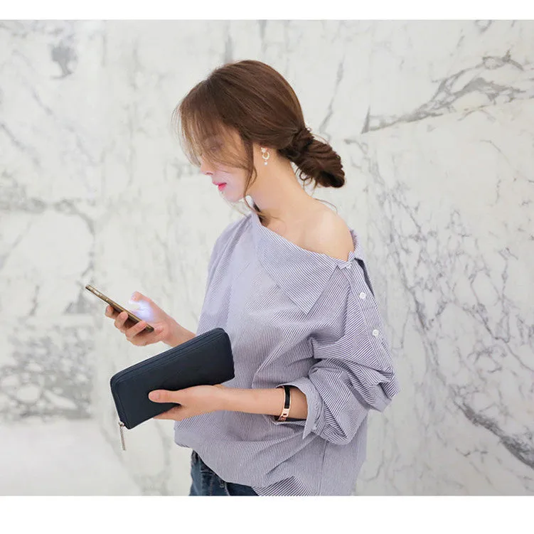 One Shoulder Striped Long Bat-wing Sleeves Blouse