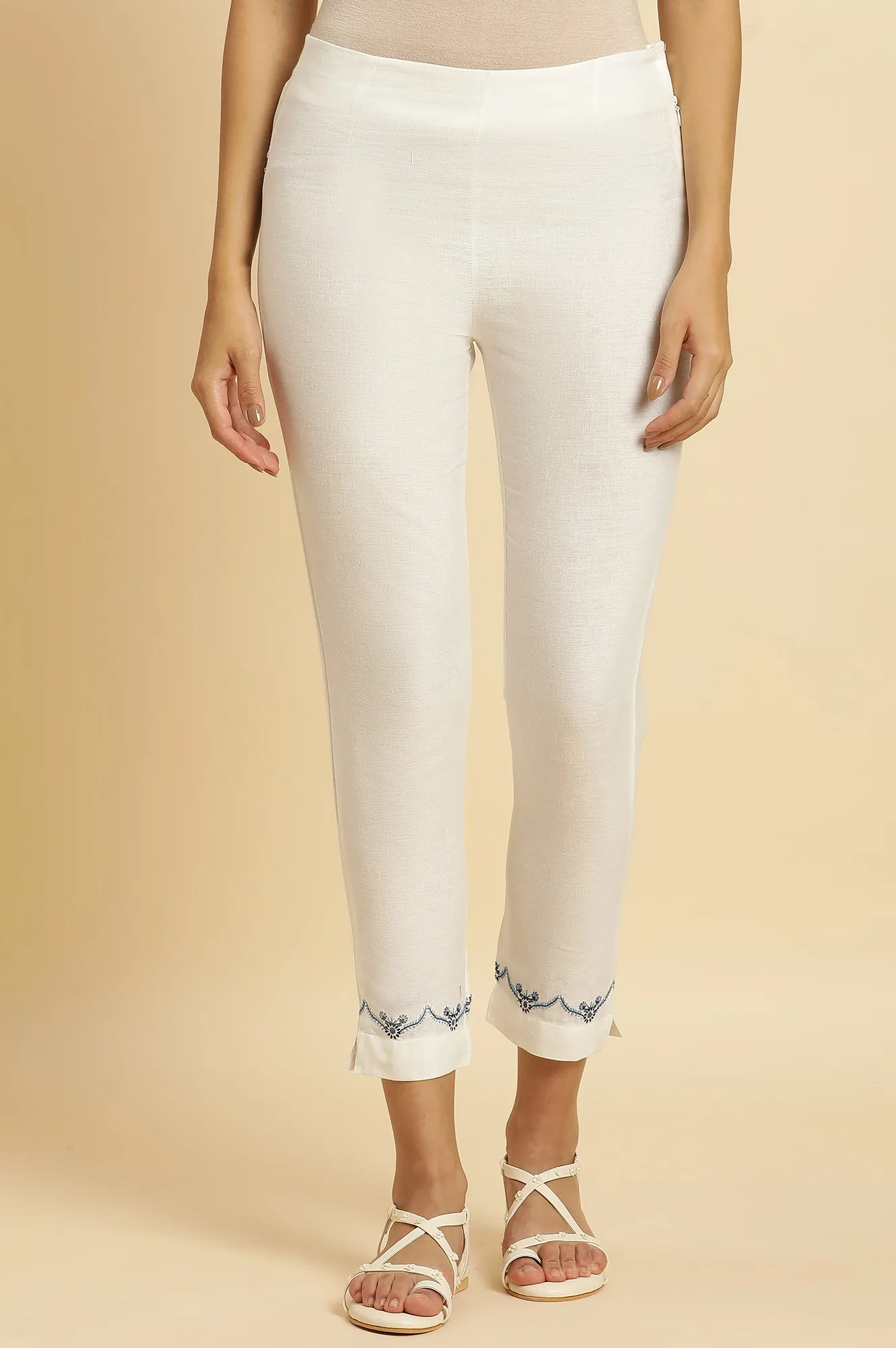 Peach And Embroidered White Slim Pants Combo