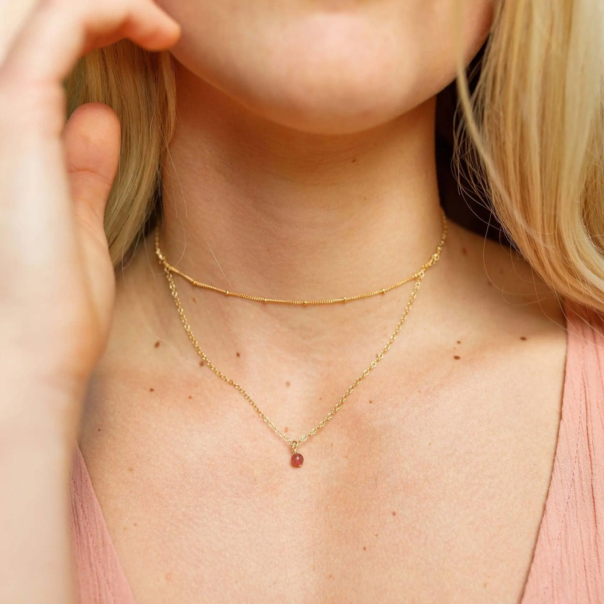 Pink Tourmaline Gemstone Chain Layered Choker Necklace