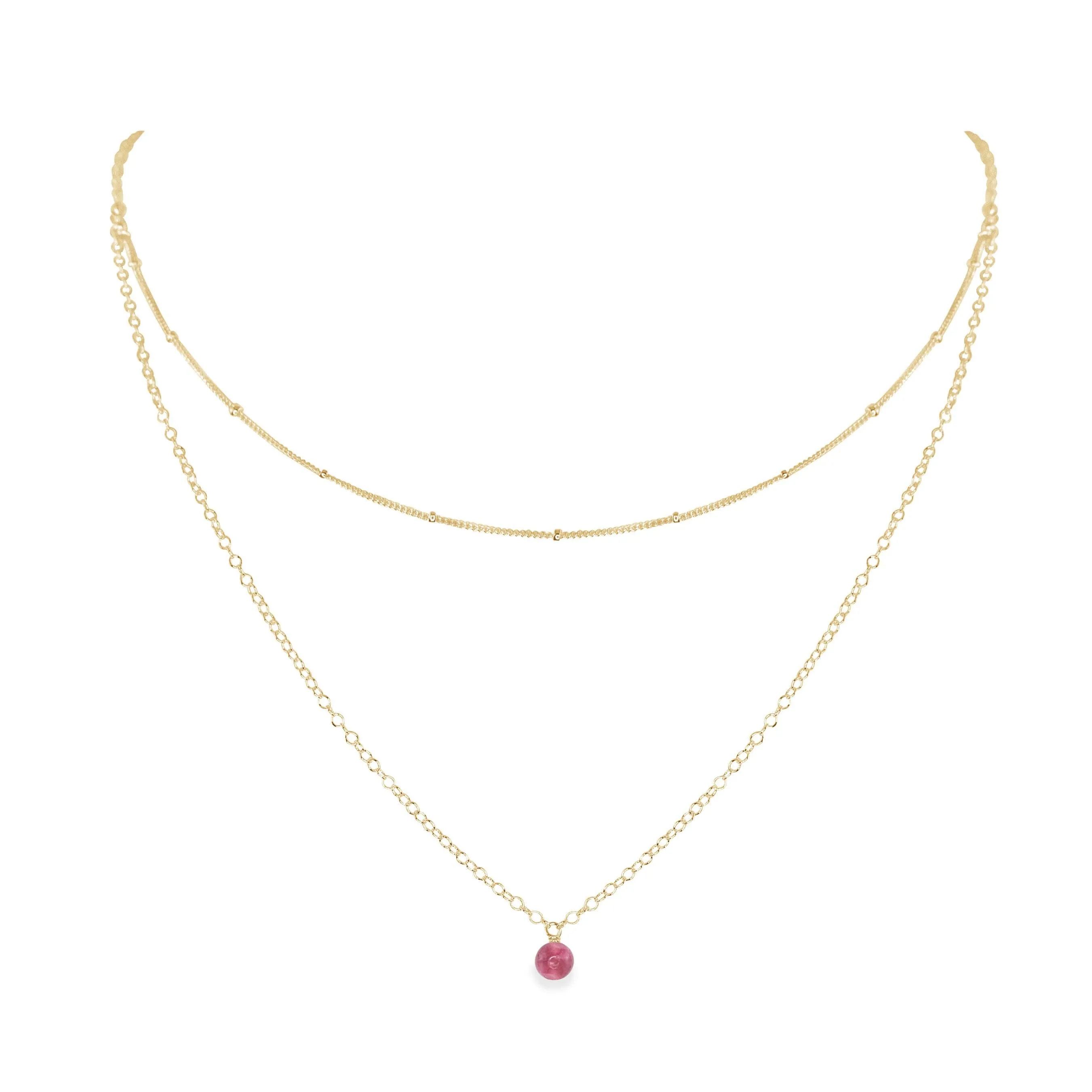 Pink Tourmaline Gemstone Chain Layered Choker Necklace