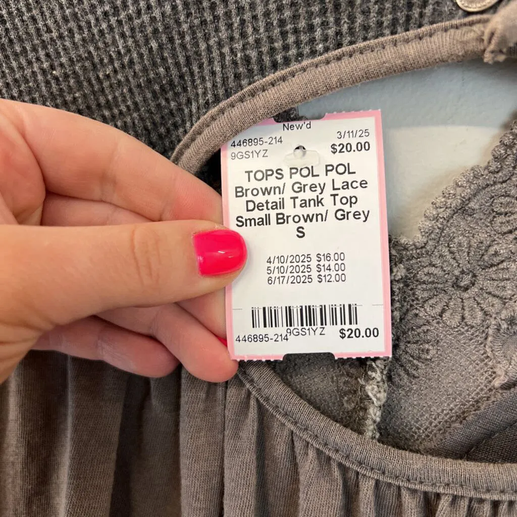 POL Brown/ Grey Lace Detail Tank Top Small