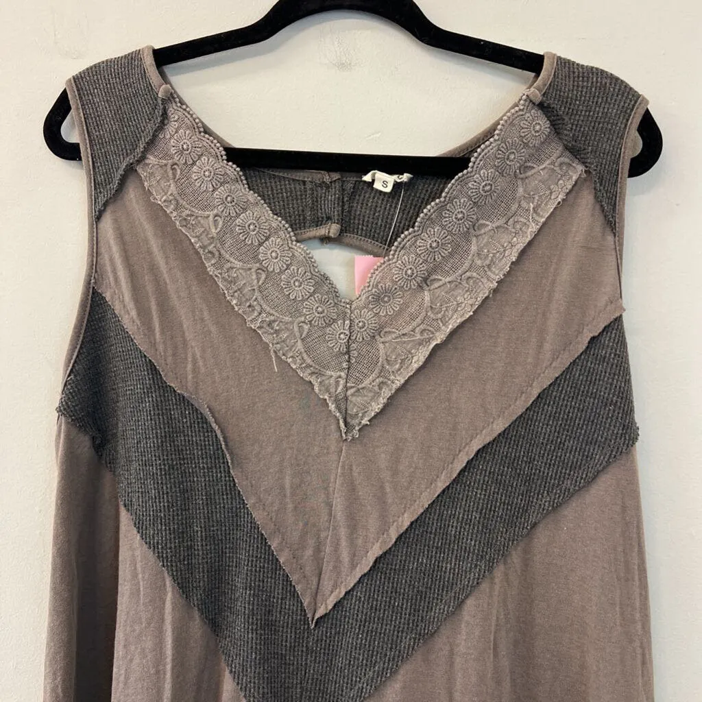 POL Brown/ Grey Lace Detail Tank Top Small